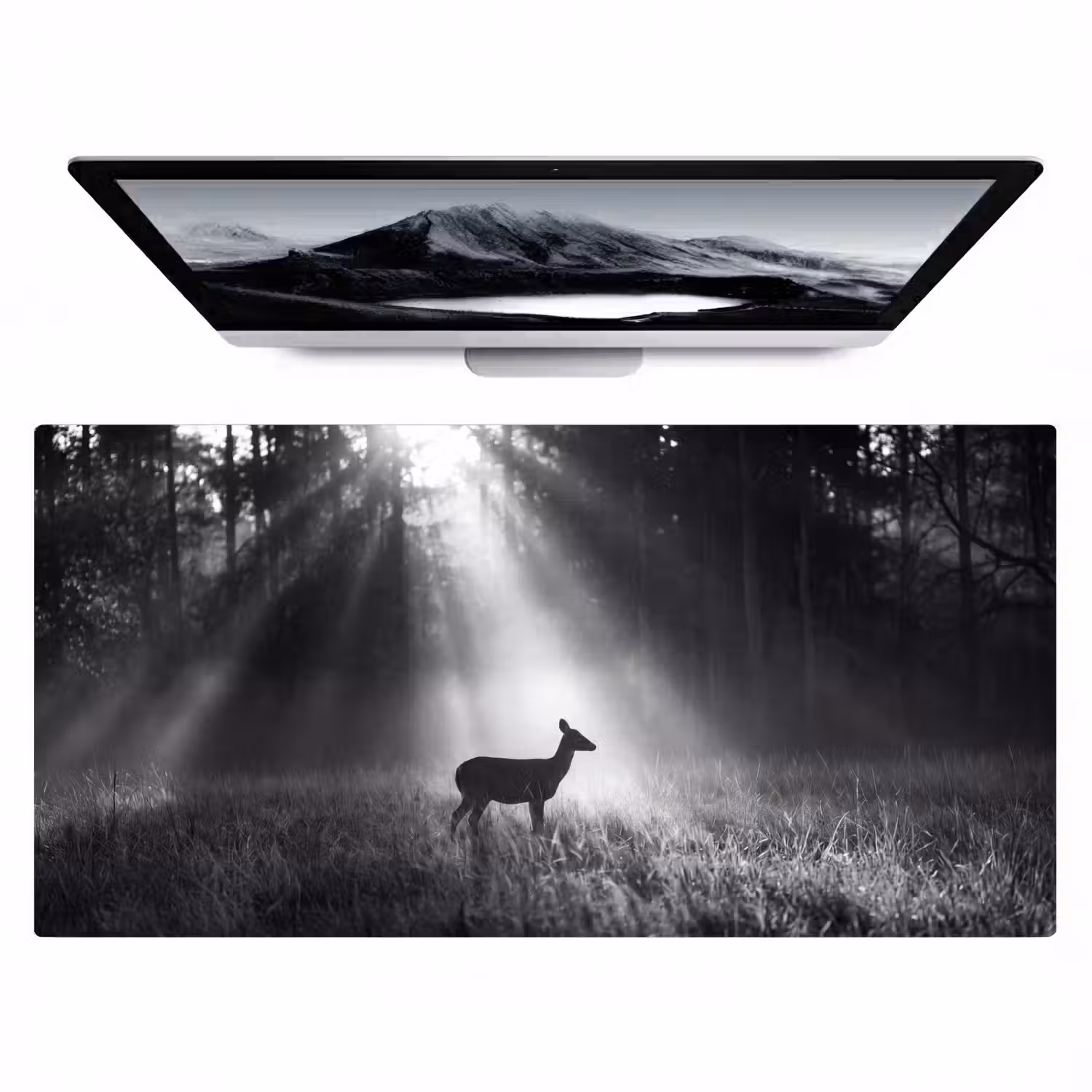 Hert - Bos - Zonnestralen - Zwart-wit - Natuur Muismat XXL klein -zzz3d
