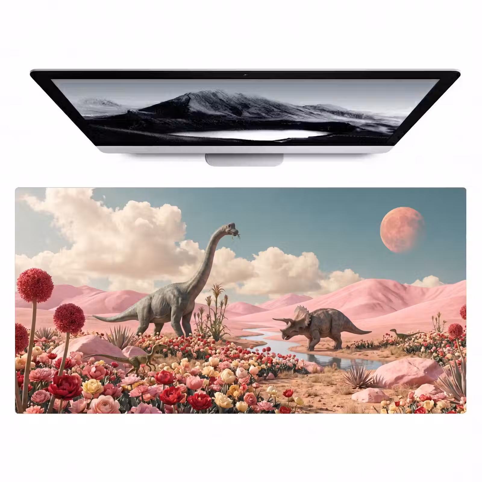 Desk Mat - Dinosaur - Pink - Landscape - Dinosaurus - Roze - Landschap Muismat XXL klein