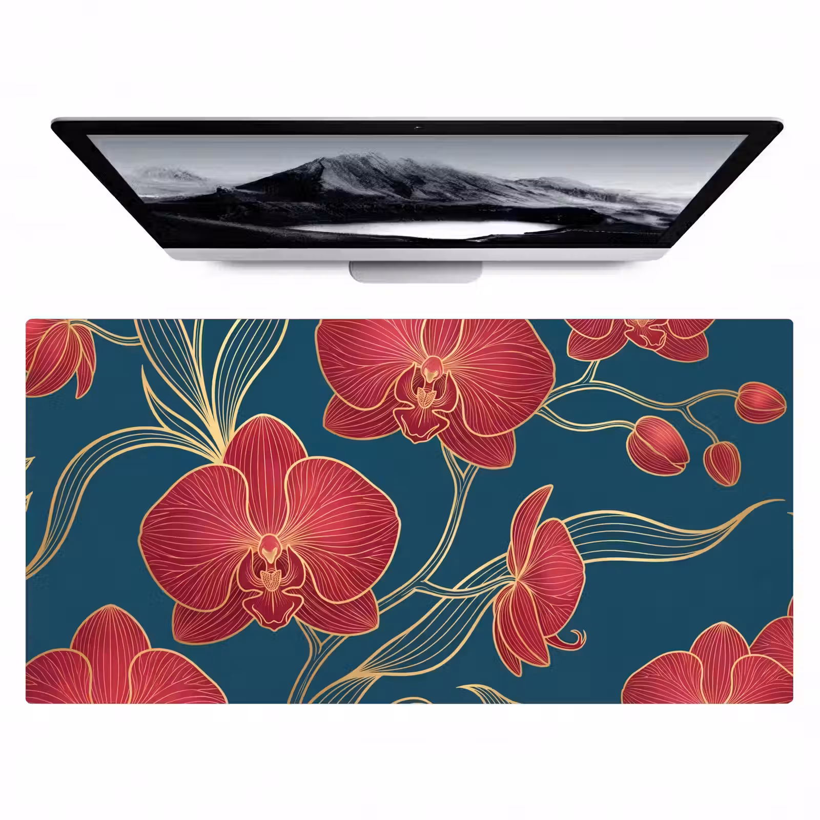 Desk Mat - Flowers - Red - Gold - Bloemen - Rood - Goud Muismat XXL klein