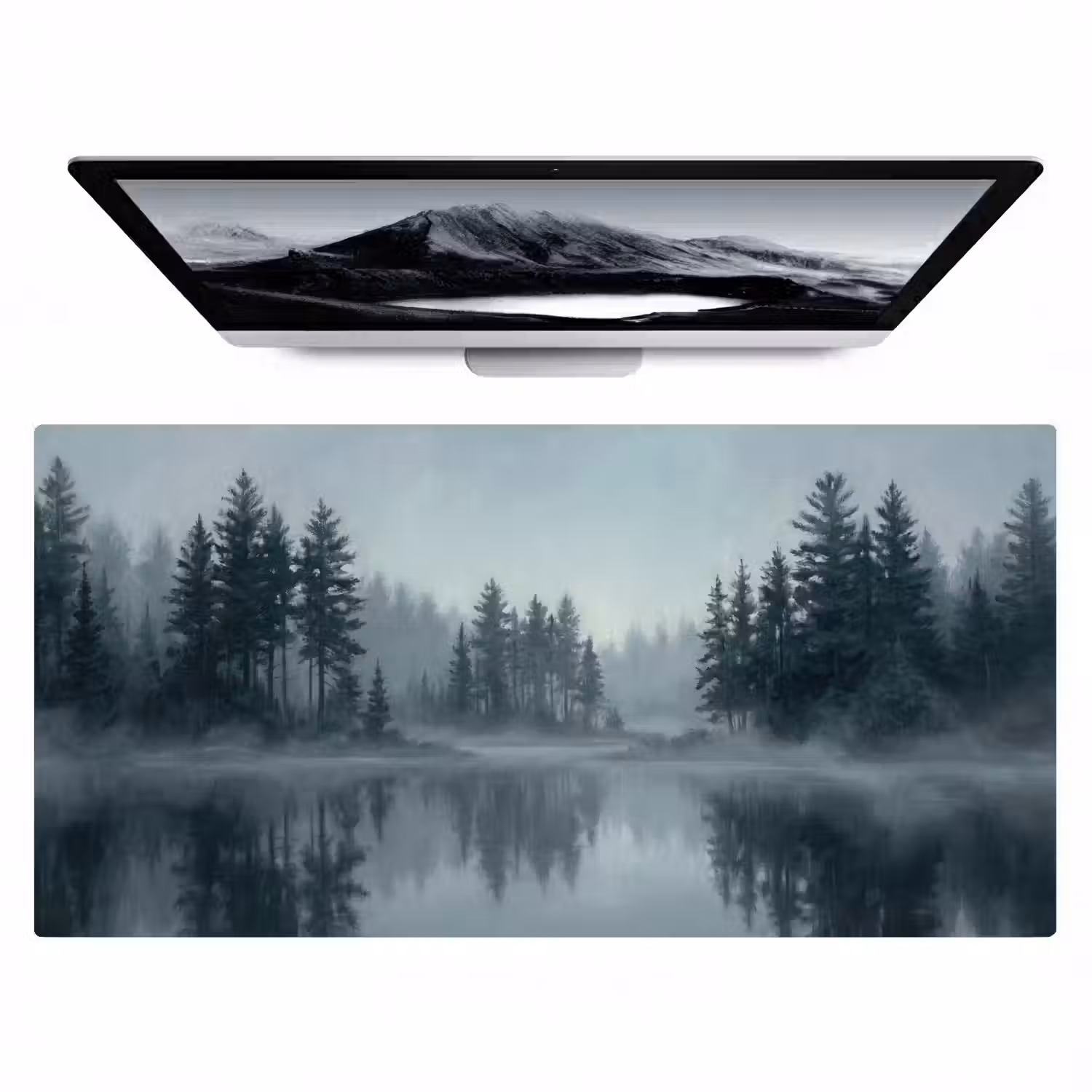 Bos - Meer - Mist - Natuur - Grijs Muismat XXL klein -zzz3d