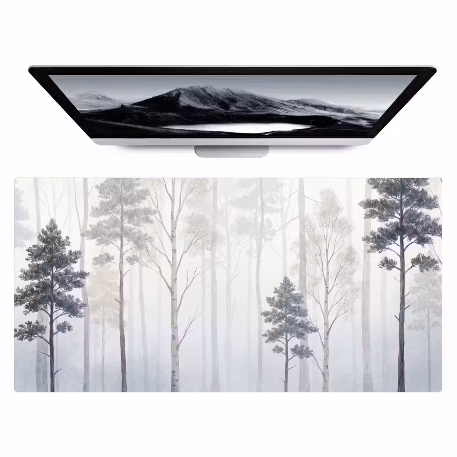 Bos - Bomen - Mist - Natuur - Illustratie - Grijs Muismat XXL klein -zzz3d