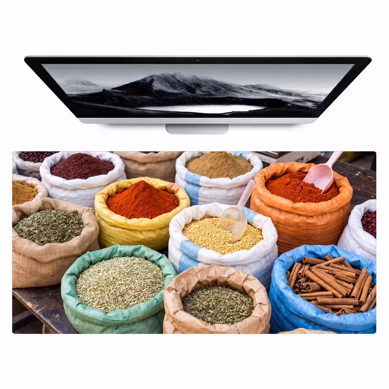 Desk Mat - Herbs - Bags - Market - Kruiden - Zakken - Markt Muismat XXL klein