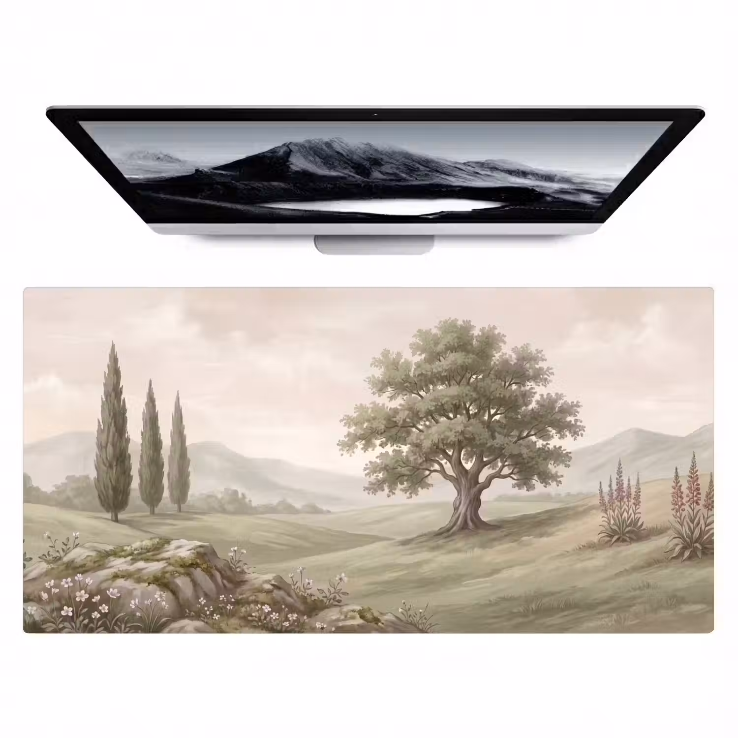 Heuvellandschap - Bomen - Natuur - Groen Muismat XXL klein -zzz3d