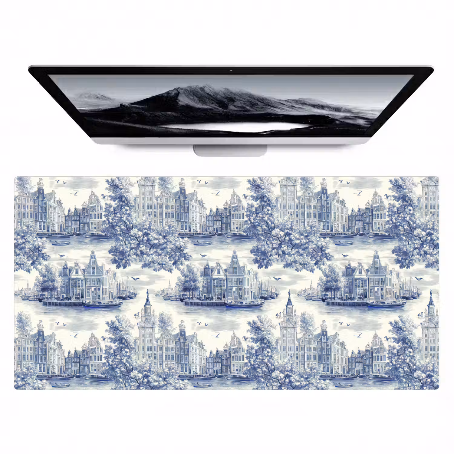Huizen - Bomen - Water - Vogels - Blauw Muismat XXL klein 681 -zzz3d