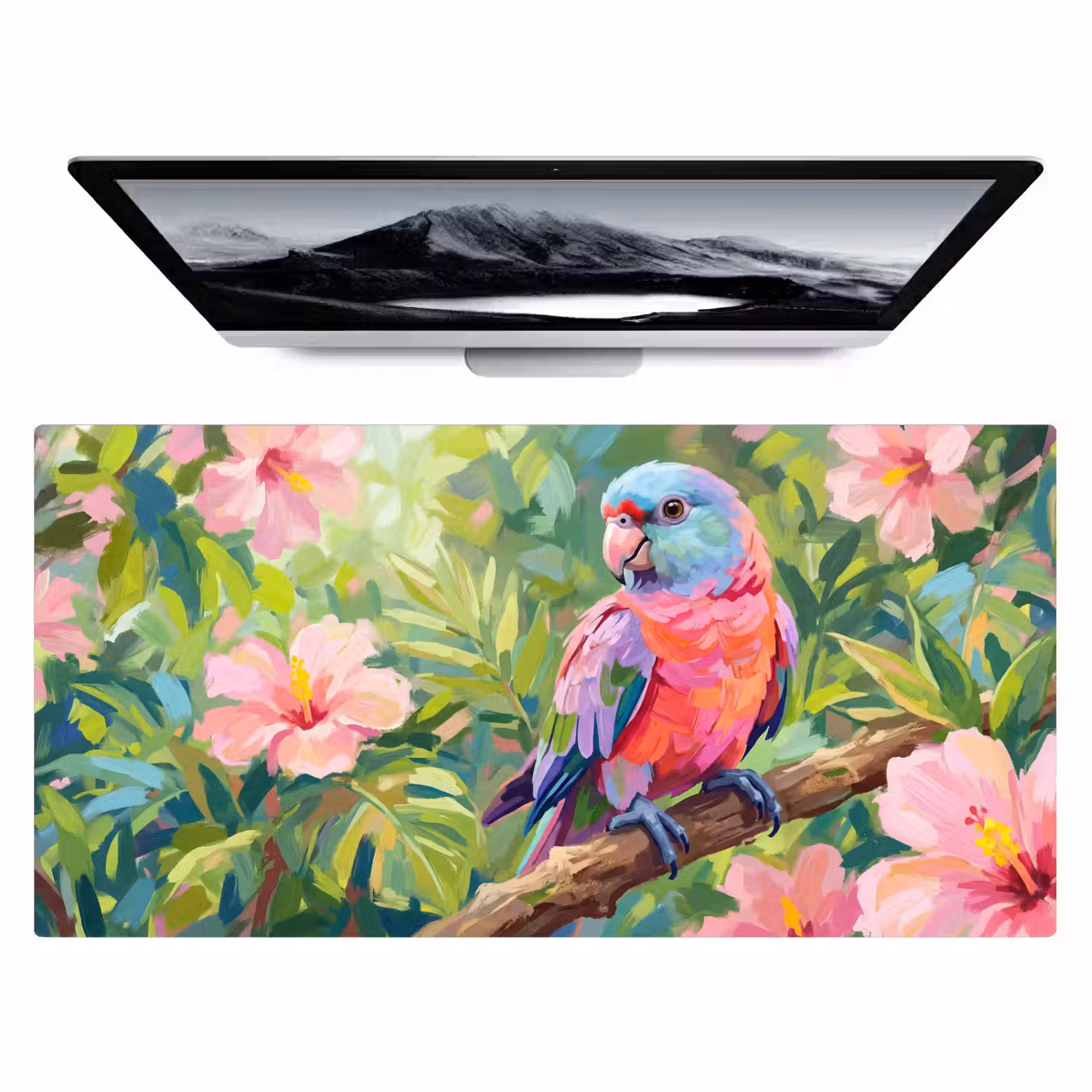Papagaai - Hibiscusbloemen - Kleurrijk Muismat XXL klein -zzz3d