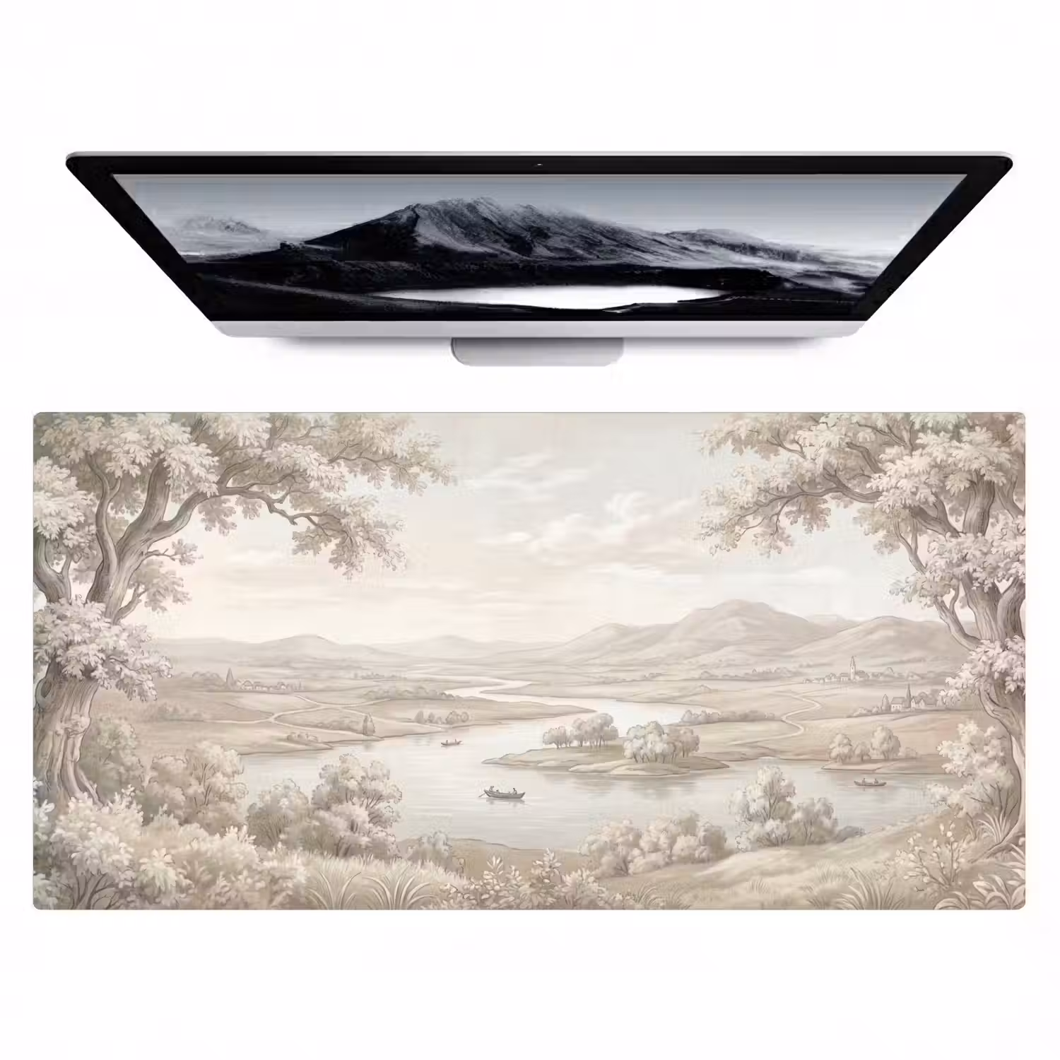 Rivierlandschap - Bergen - Natuur - Vintage - Beige Muismat XXL klein -zzz3d
