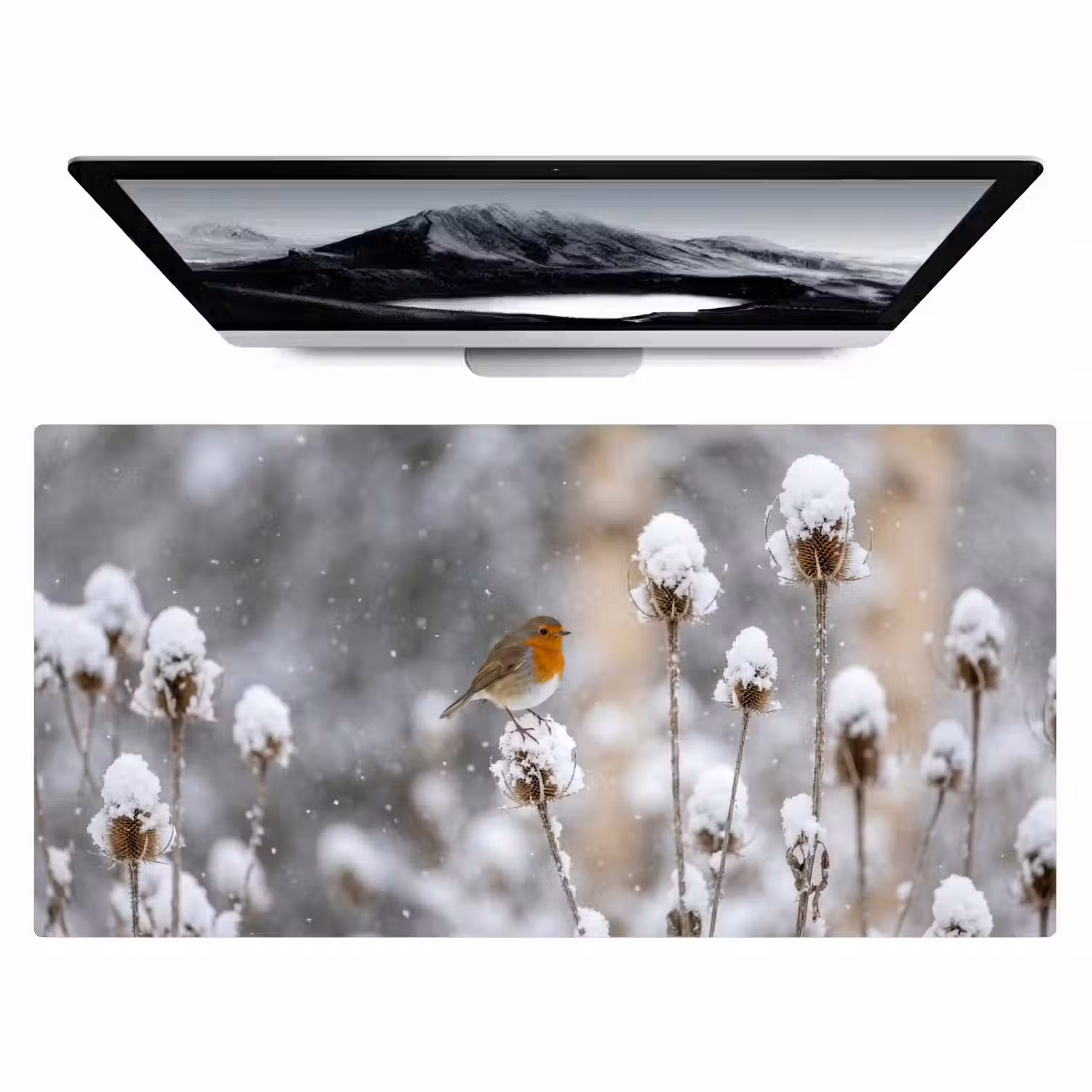 Roodborstje - Gedroogde bloem - Sneeuw - Winter - Vertederend Muismat XXL klein -zzz3d