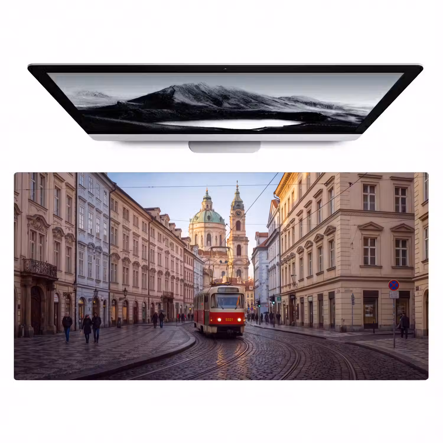 Tram - Straat - Stadsgezicht - Klassiek - Rood Muismat XXL klein -zzz3d