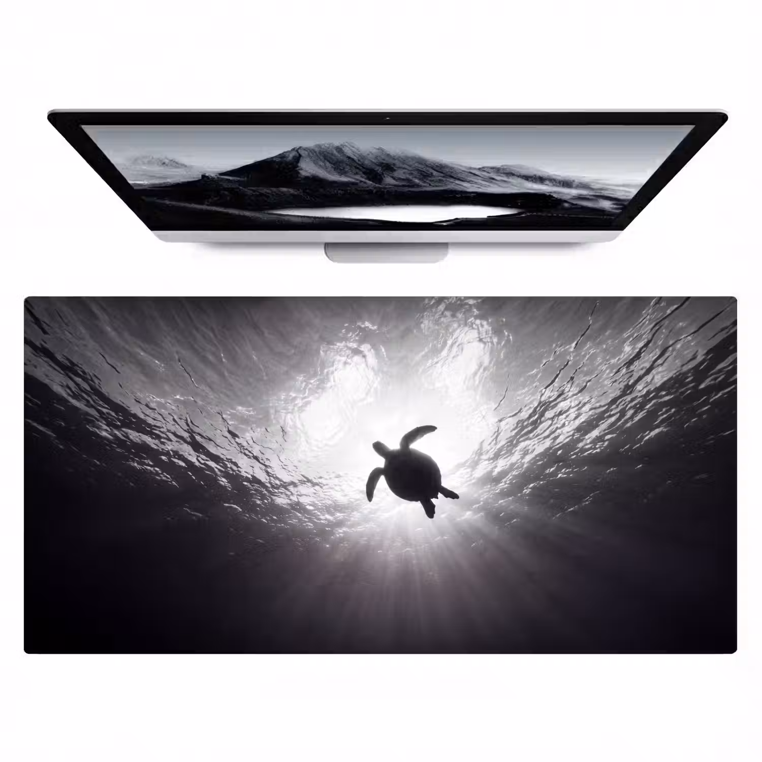 Schildpad - Onderwater - Lichtstralen - Oceaan - Zwart-wit Muismat XXL klein -zzz3d