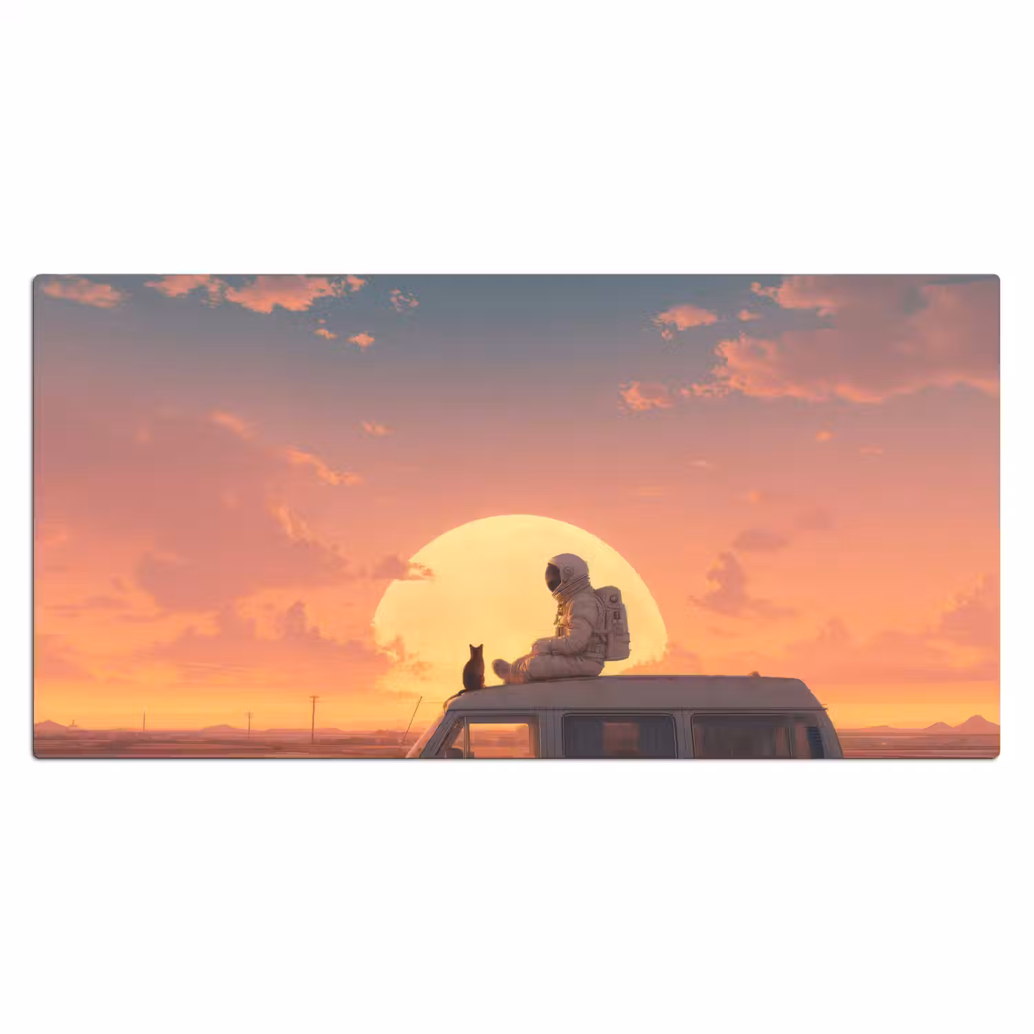 Busje - Kat - Zonsondergang - Oranje Muismat XXL klein -3d_leeg