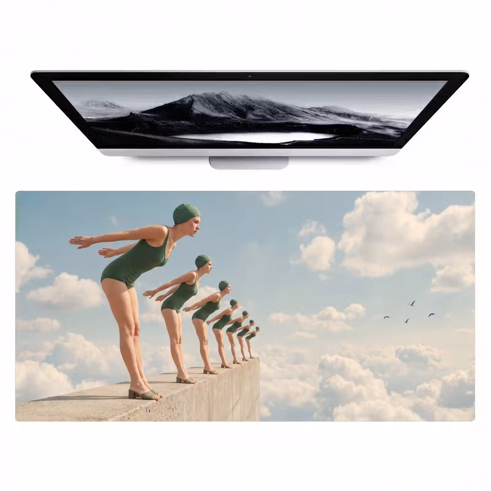 Desk Mat - Women - Diving Pose - Clouds - Vrouwen - Duikhouding - Wolken Muismat XXL klein
