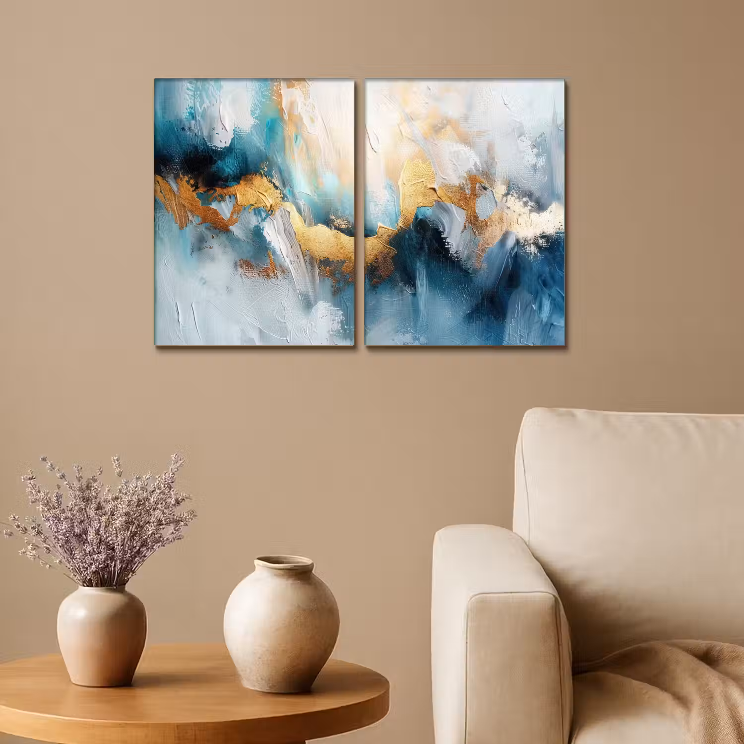 Blauw - Abstract - Wit - Goud - Verf Canvas - Meerluiken 2 luik klein -sfeer1