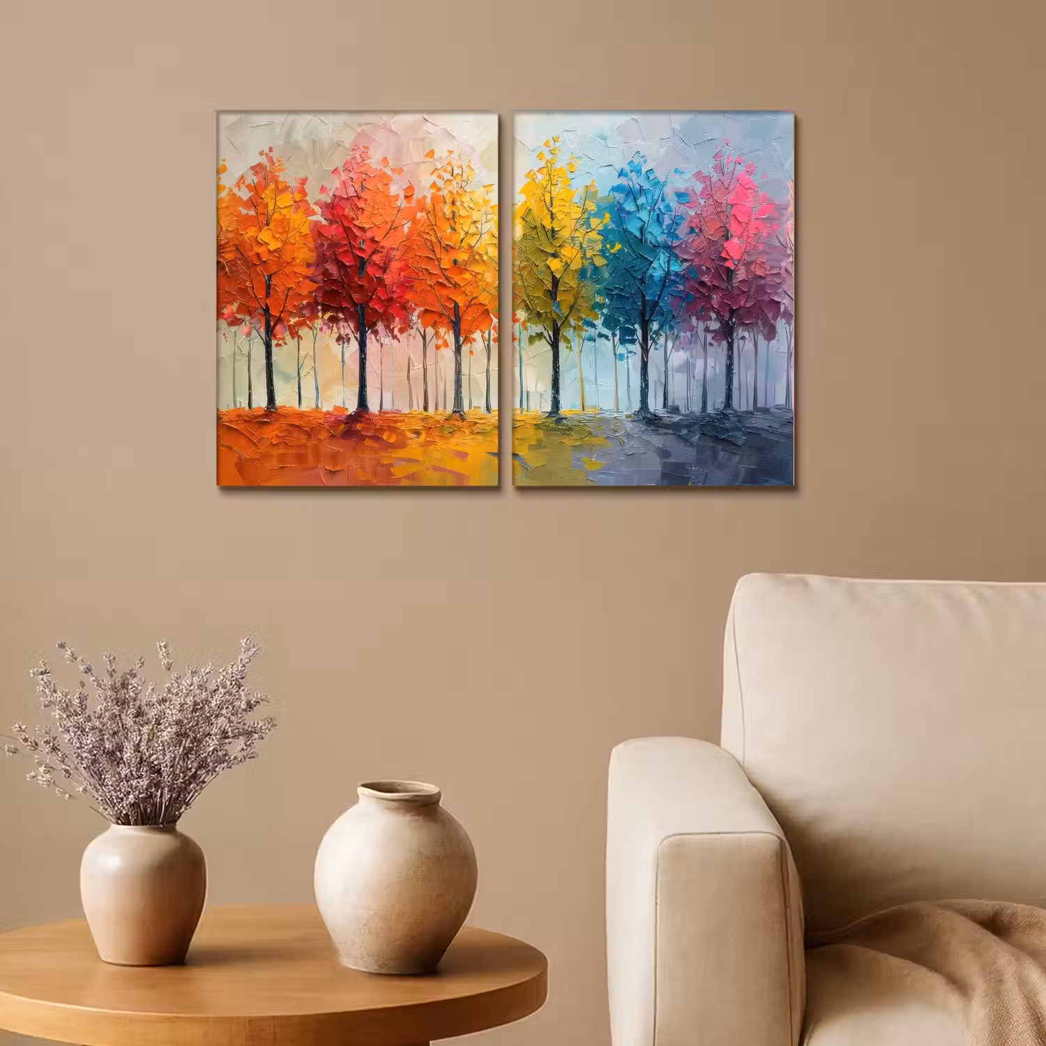 Bomen - Kleurrijk - Modern - Verflook Canvas - Meerluiken 2 luik klein -sfeer1