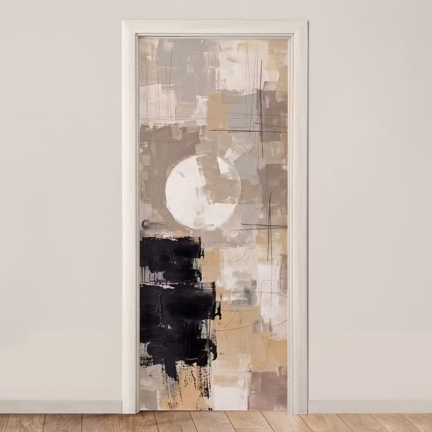 Abstract - Cirkel - Modern - Beige - Zwart - Minimalistisch deurposter klein -3d_beige