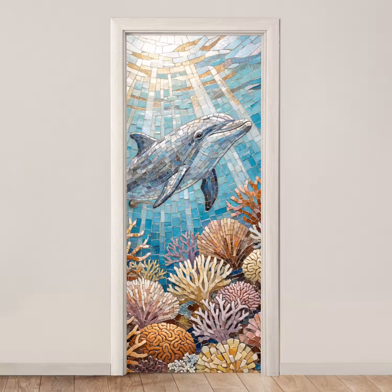 Dieren - Mozaïek - Oceaan - Koraal - Blauw deurposter klein -3d_beige