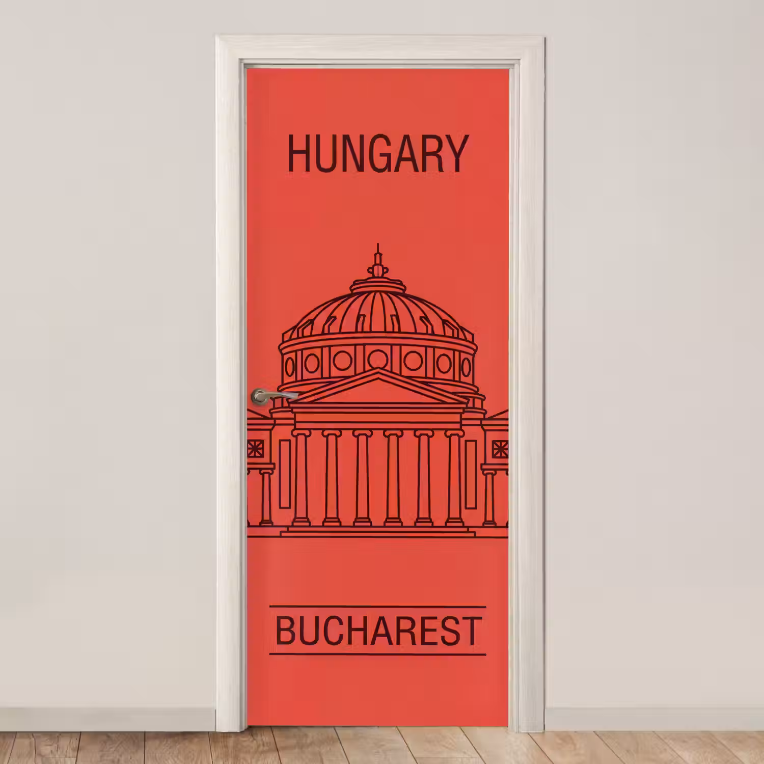 Architectuur - Boekarest - Stedelijk - Lijntekening - Rood deurposter klein -3d_beige