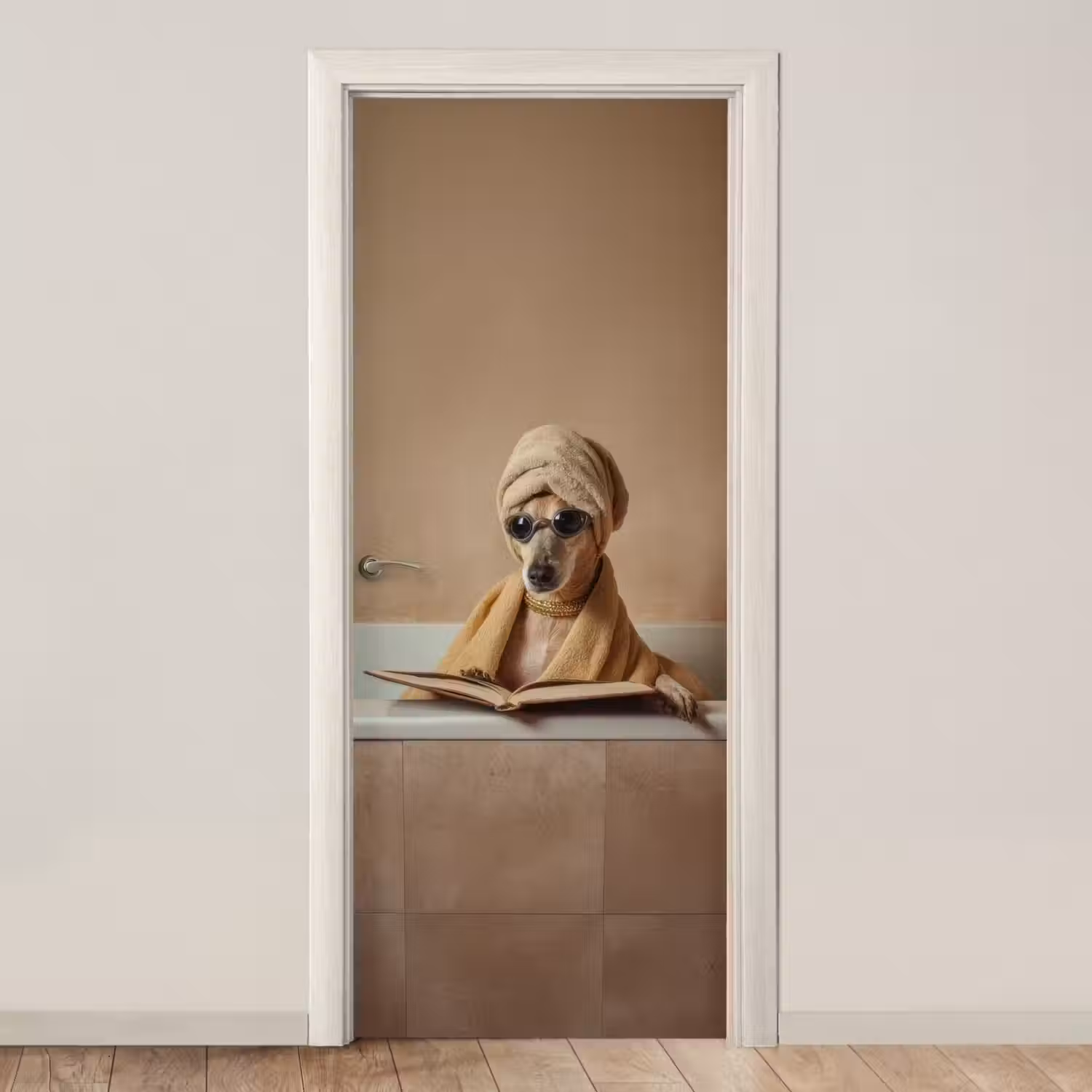 Bad - Hond - Boek - Zonnebril deurposter klein -3d_beige
