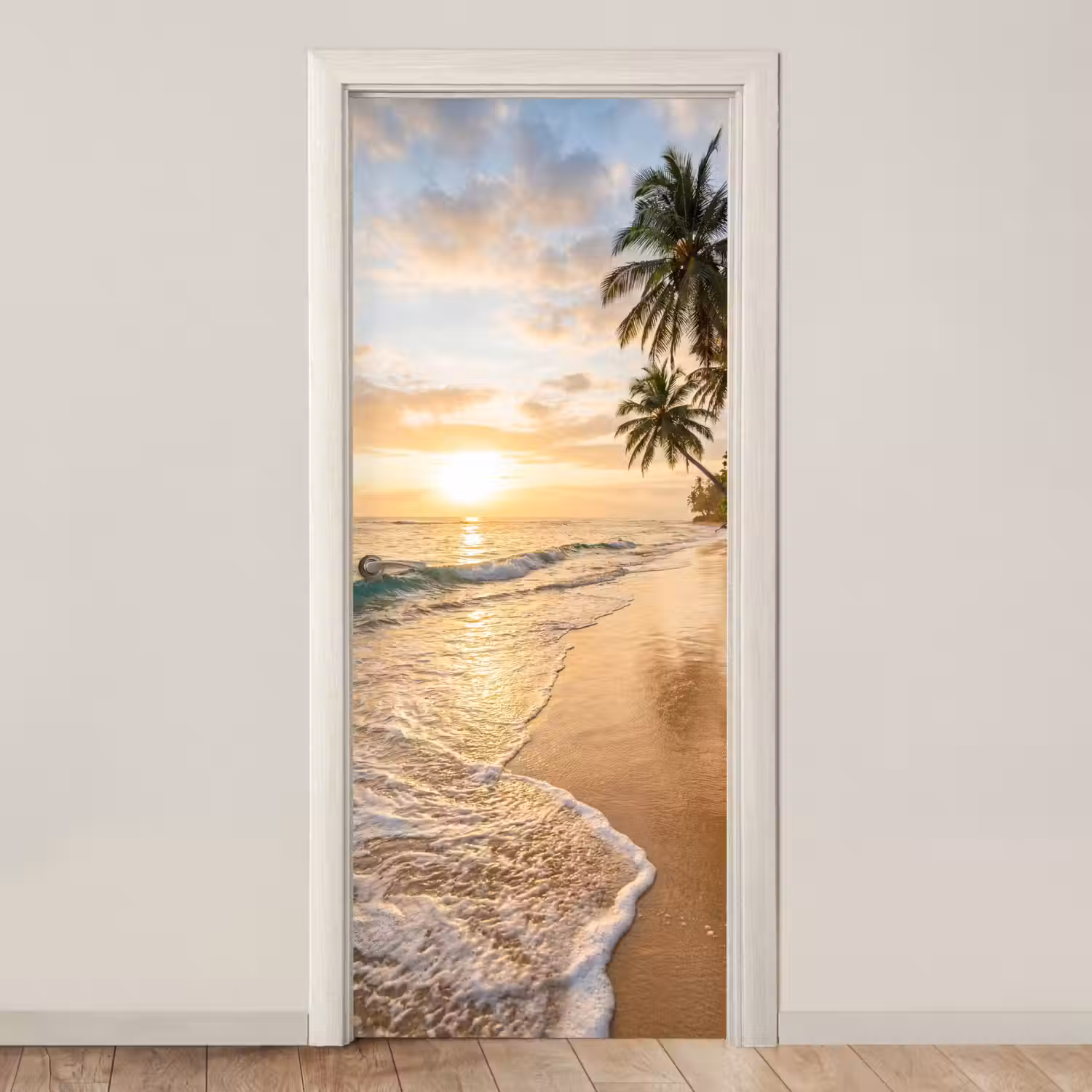Strand - Zonsondergang - Tropisch - Natuur - Goud deurposter klein -3d_beige