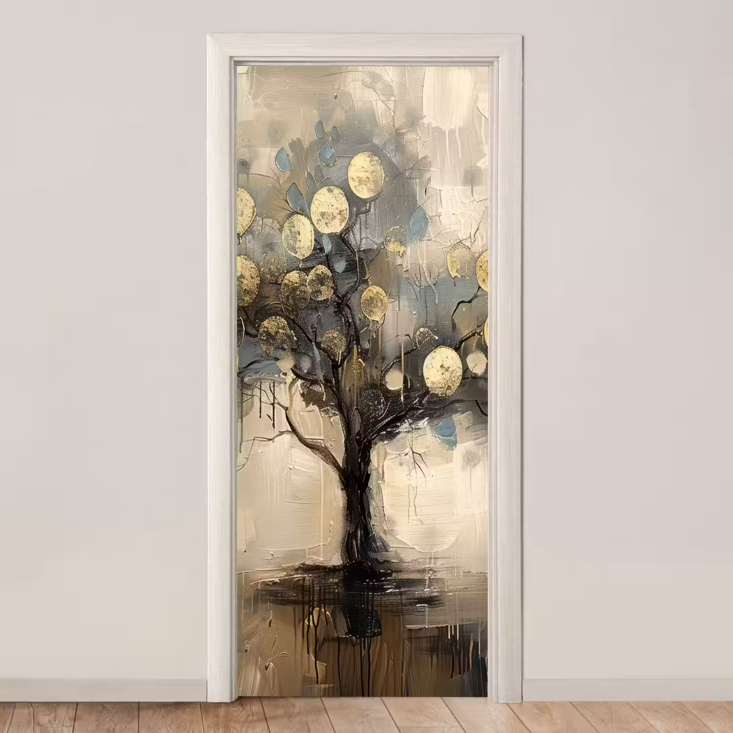 Beige - Abstract - Boom - Goud deurposter klein -3d_beige