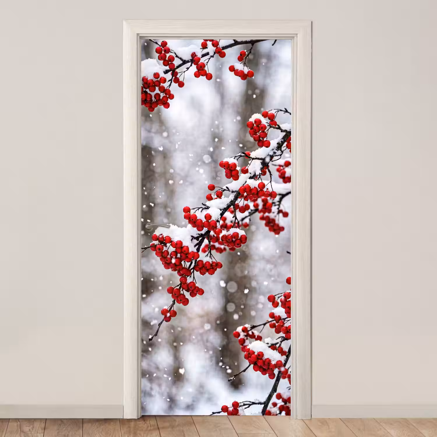 Bessen - Takken - Sneeuw - Winter - Kleurrijk deurposter klein -3d_beige