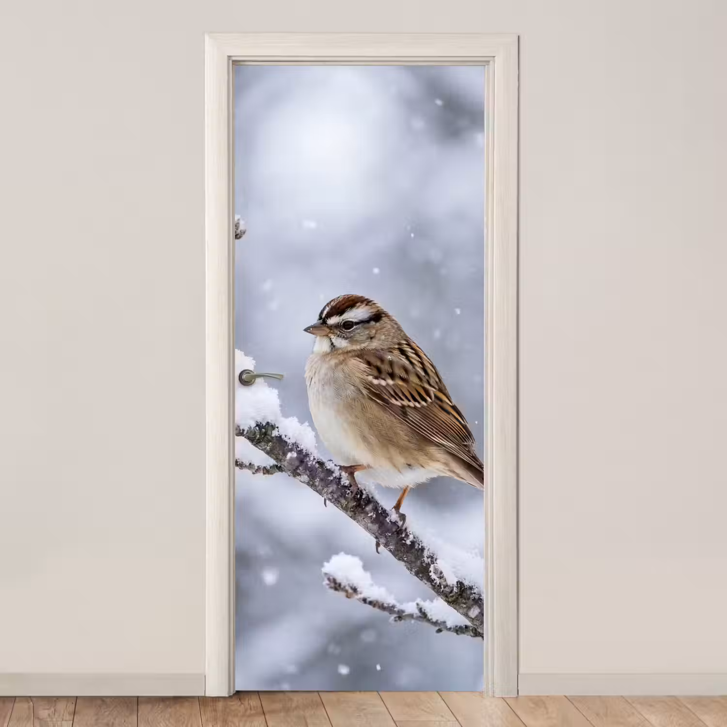 Vogel - Tak - Sneeuw - Winter deurposter klein -3d_beige