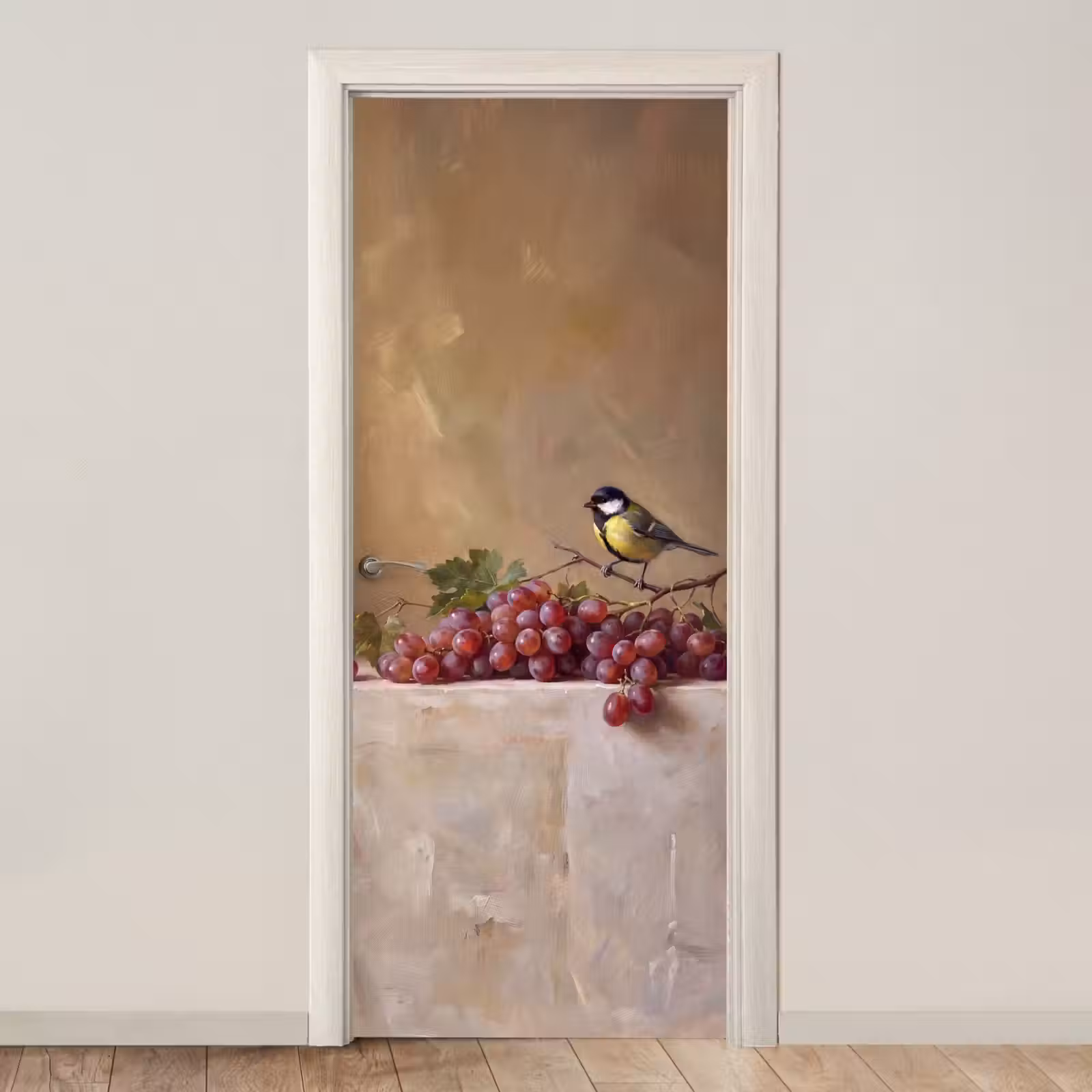 Door sticker - Bird - Grapes - Still Life - Vogel - Druiven - Stilleven deurposter klein