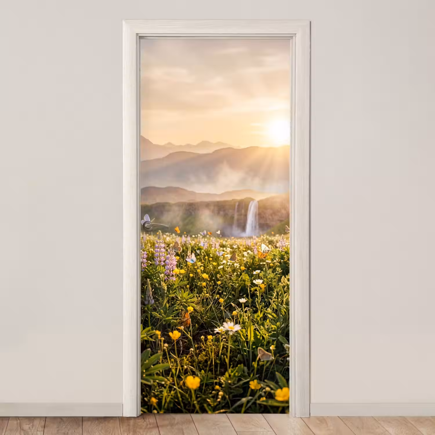 Vlinders - Waterval - Bloemenveld deurposter klein -3d_beige