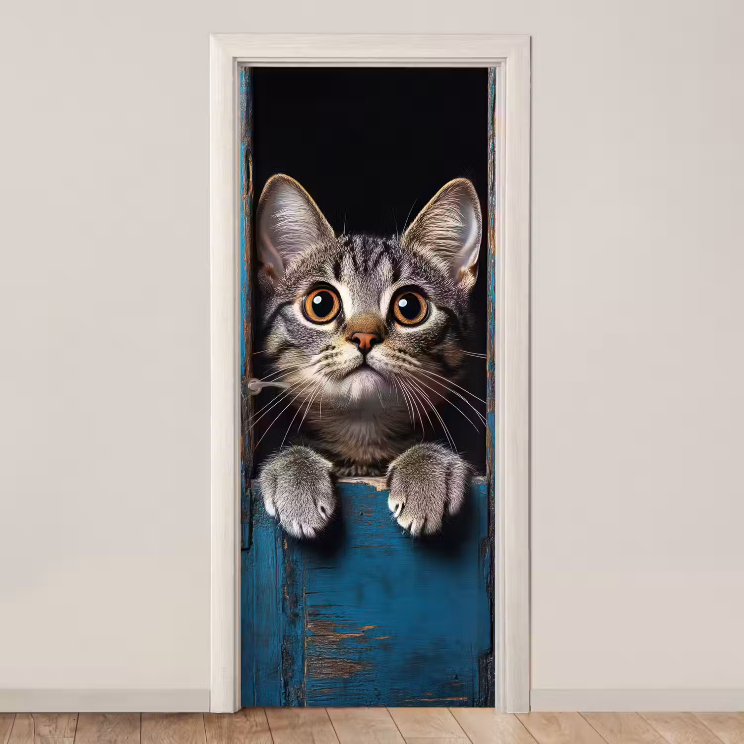 Kat - Doorkijk - Hout - Dieren - Blauw deurposter klein -3d_beige