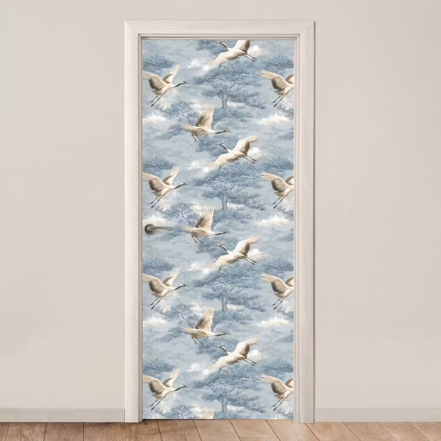 Wolken - Kraanvogels - Blauw deurposter klein 289 -3d_beige
