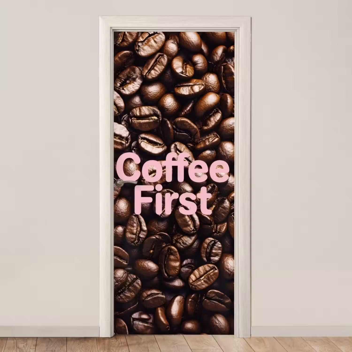 Coffee First - Koffiebonen - Roze deurposter klein -3d_beige