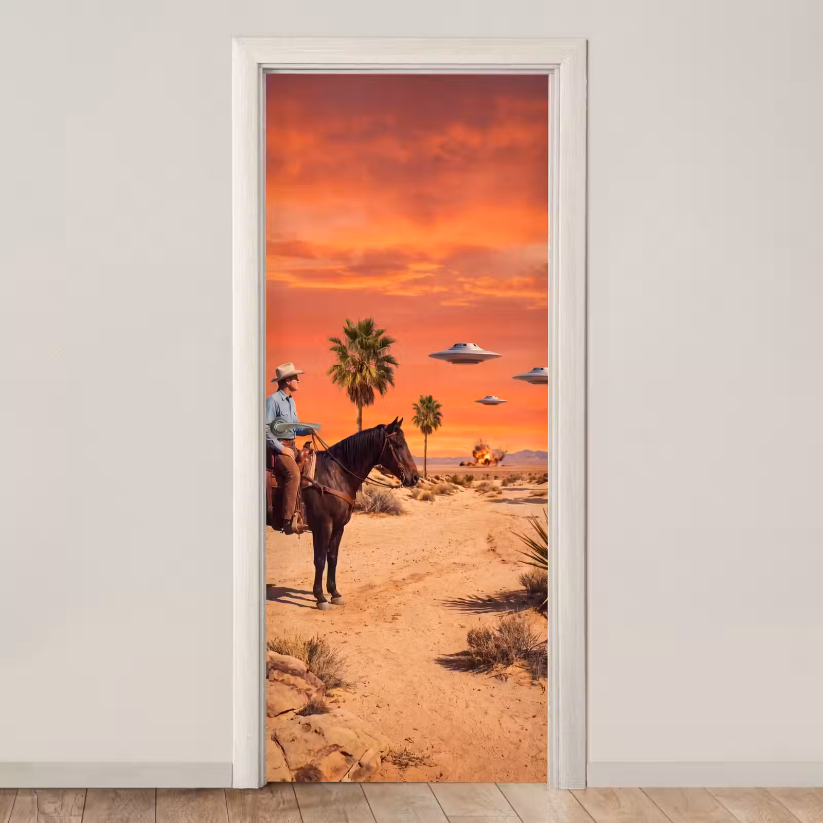 Door sticker - Cowboy - Horse - Desert - Cowboy - Paard - Woestijn deurposter klein