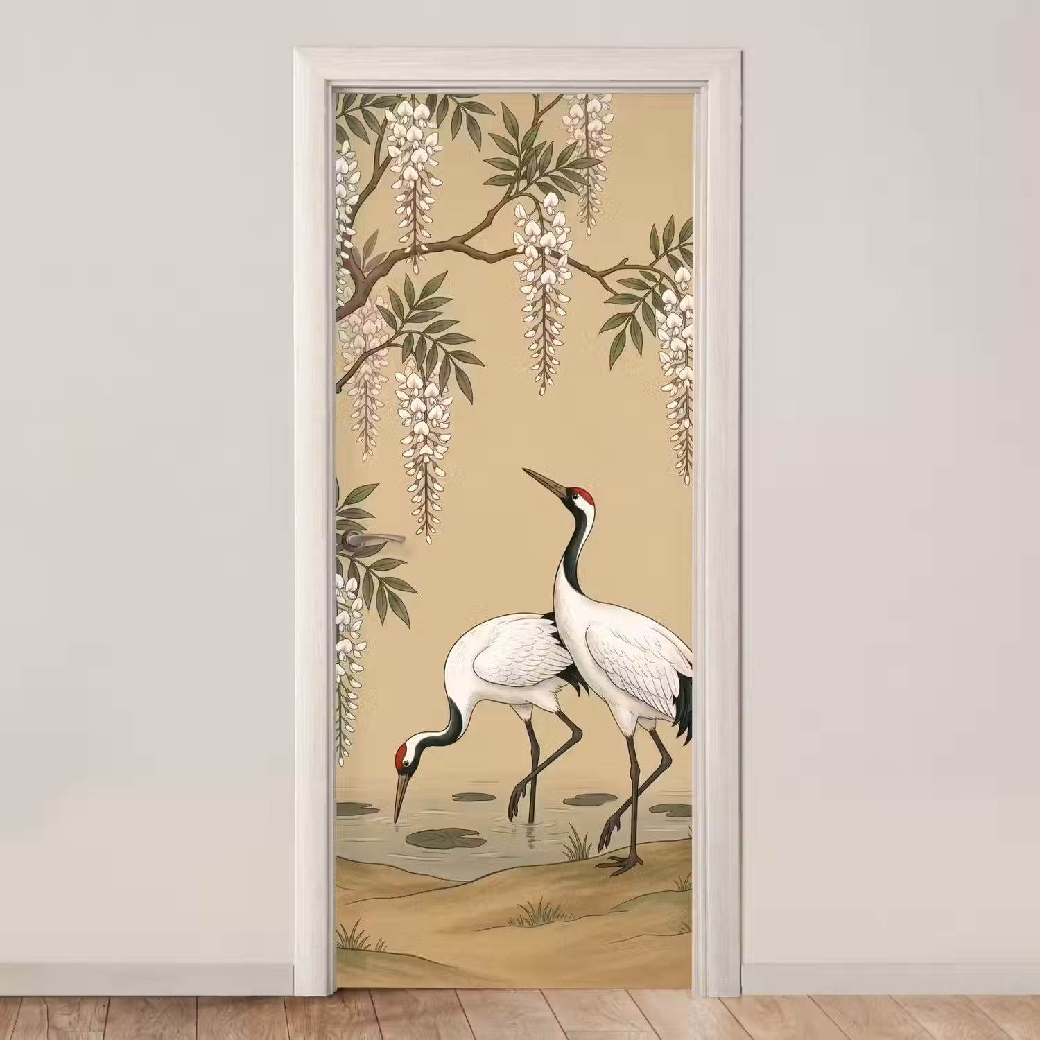 Kraanvogels - Water - Beige deurposter klein -3d_beige