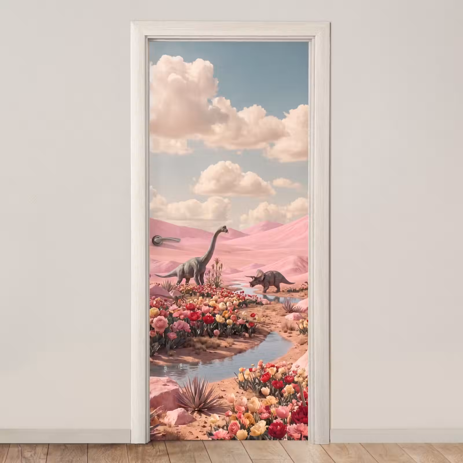 Door sticker - Dinosaur - Pink - Landscape - Dinosaurus - Roze - Landschap deurposter klein