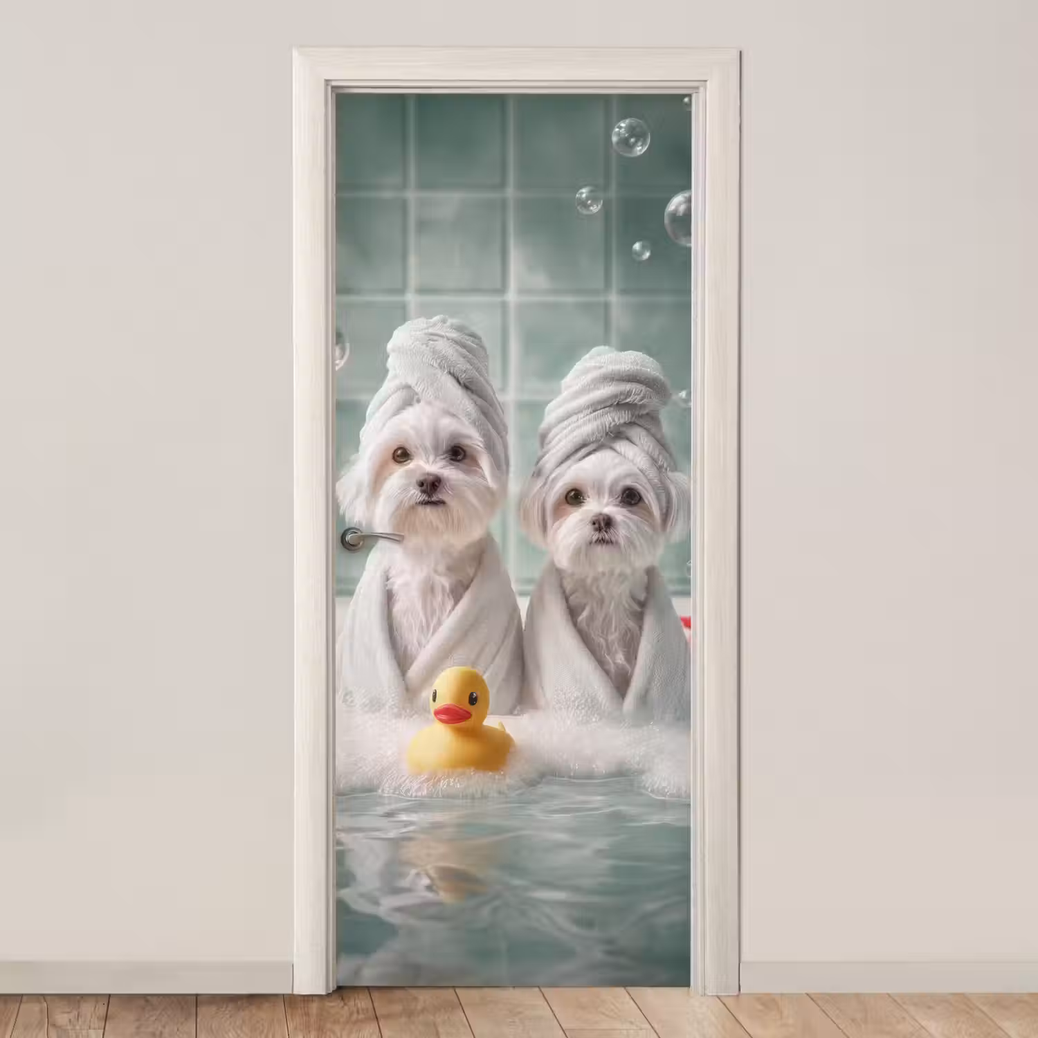 Hondjes - Badkuip - Badeendjes - Handdoeken deurposter klein -3d_beige