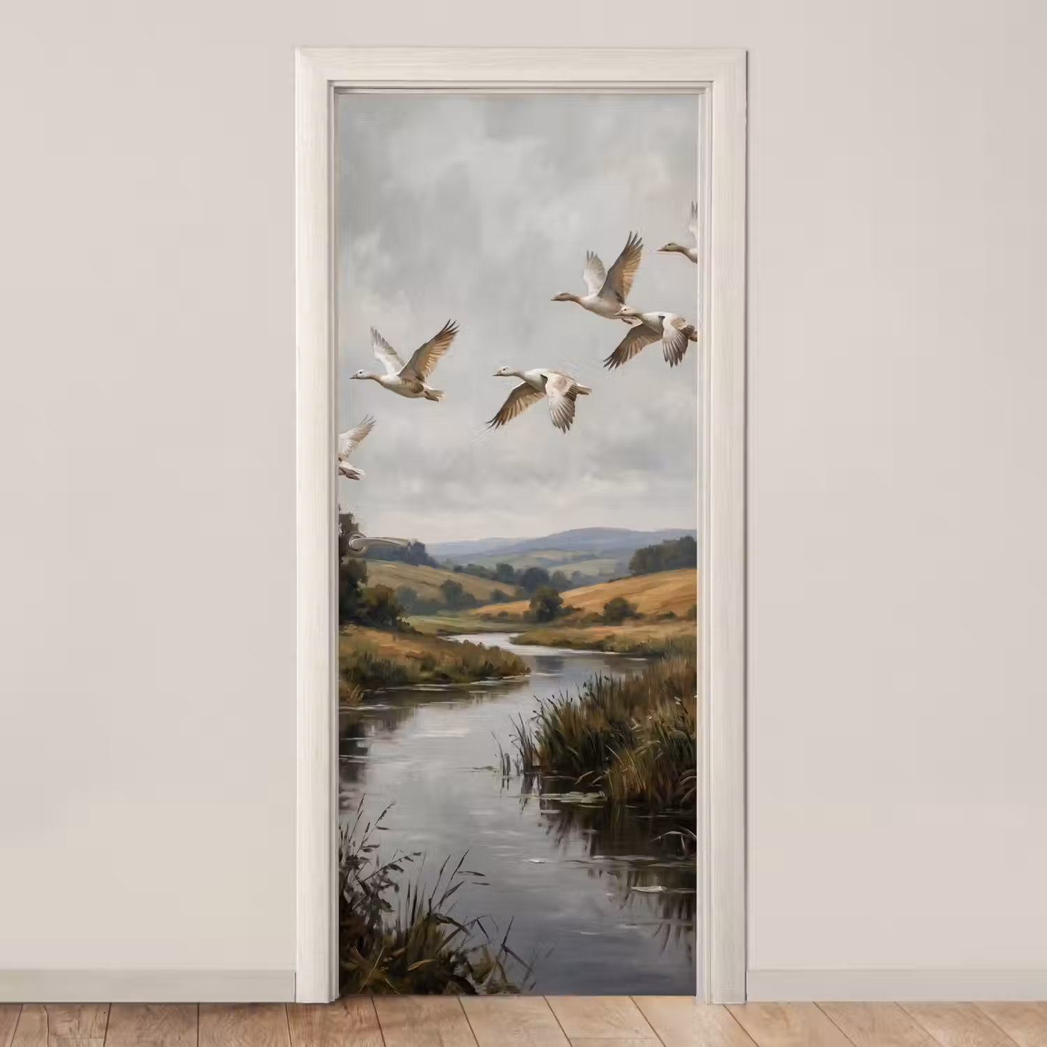 Eenden - Rivier - Landschap - Vlucht - Nostalgisch deurposter klein -3d_beige