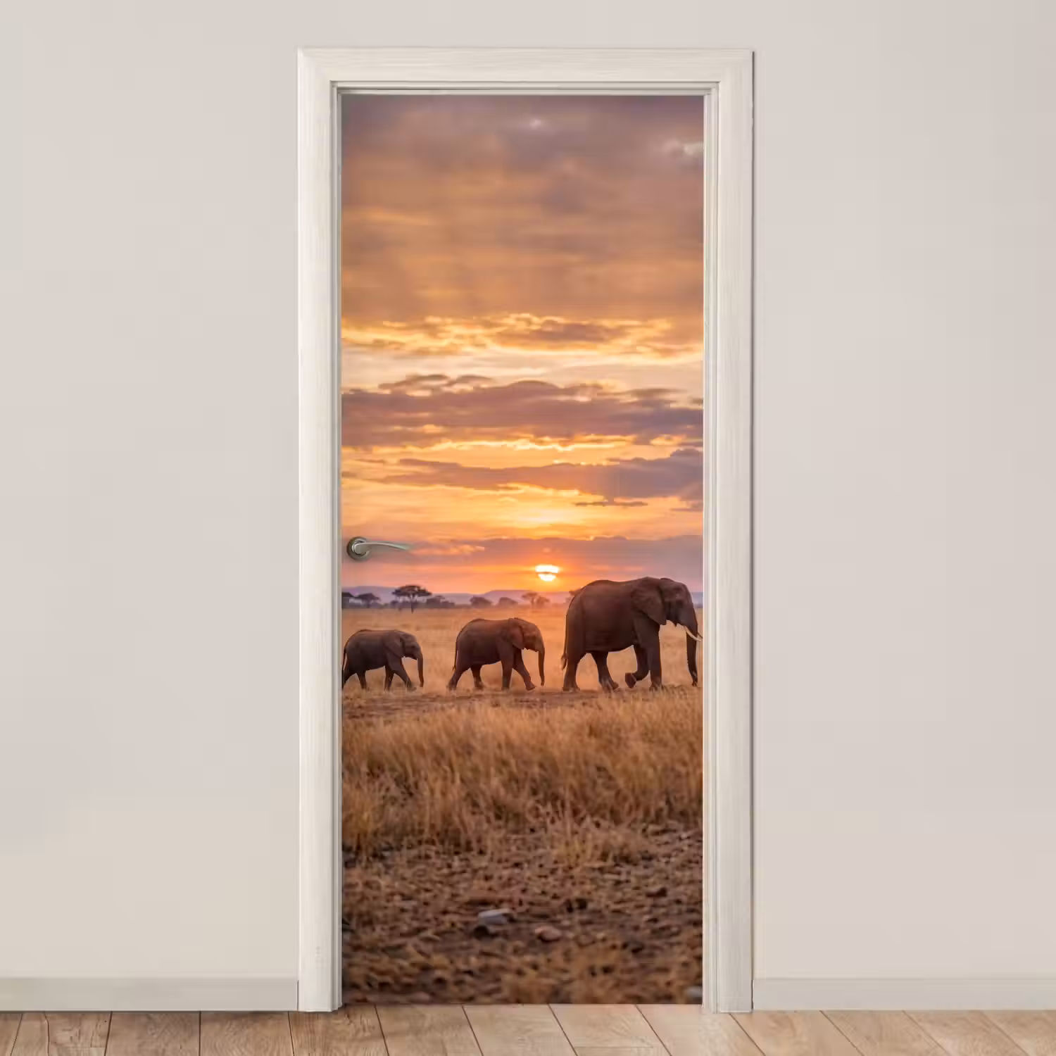 Olifanten - Savanne - Zonsondergang - Afrika - Warm deurposter klein -3d_beige