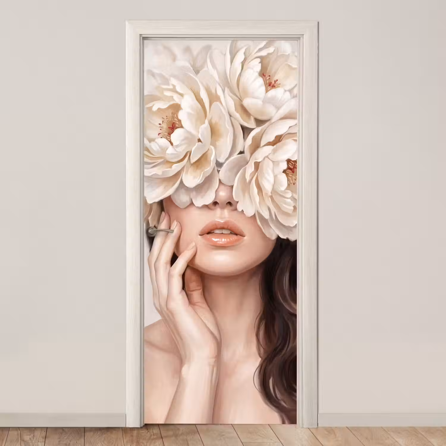 Gezicht - Pioenrozen - Crème deurposter klein -3d_beige
