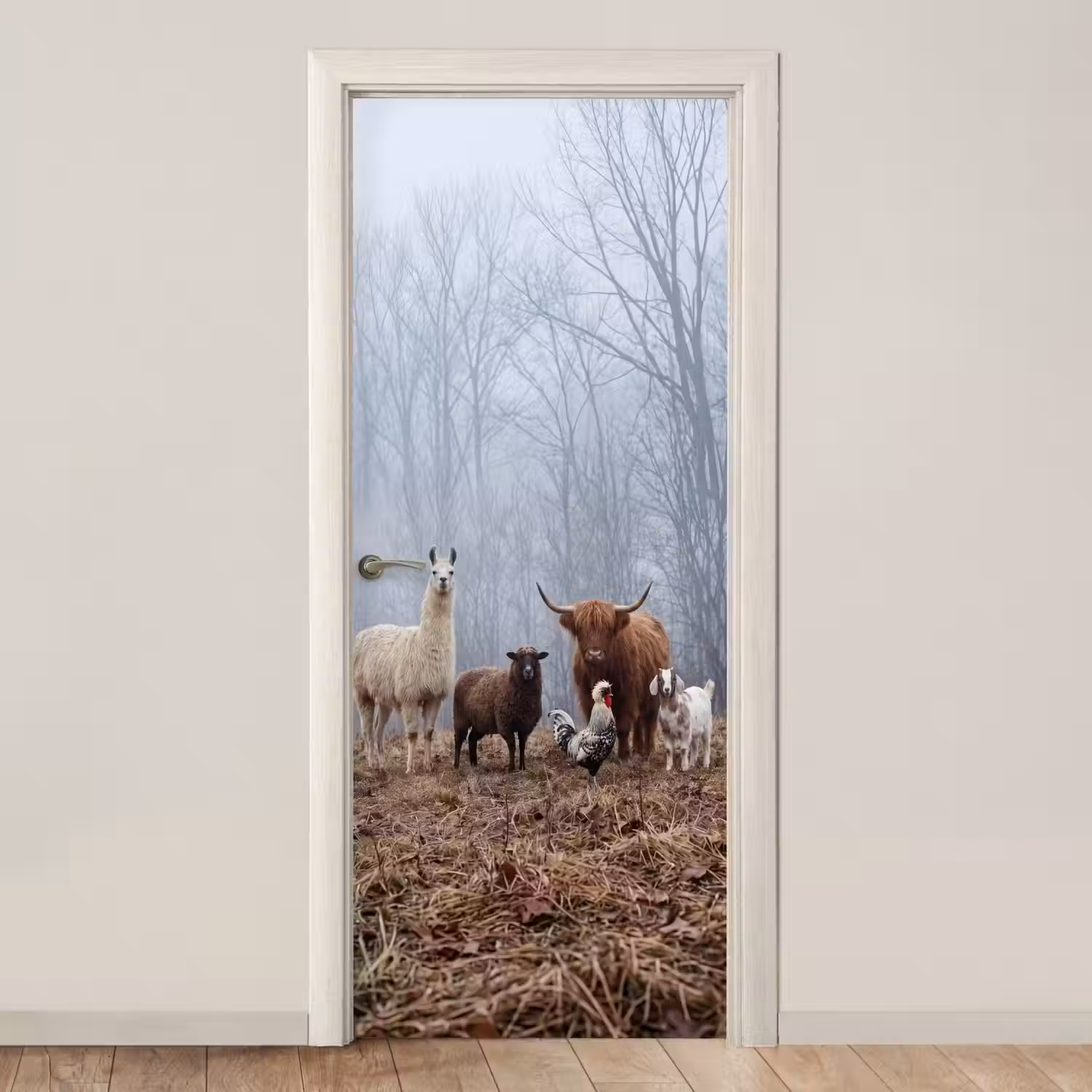 Boerderijdieren - Groep - Mist - Natuur - Rustiek deurposter klein -3d_beige