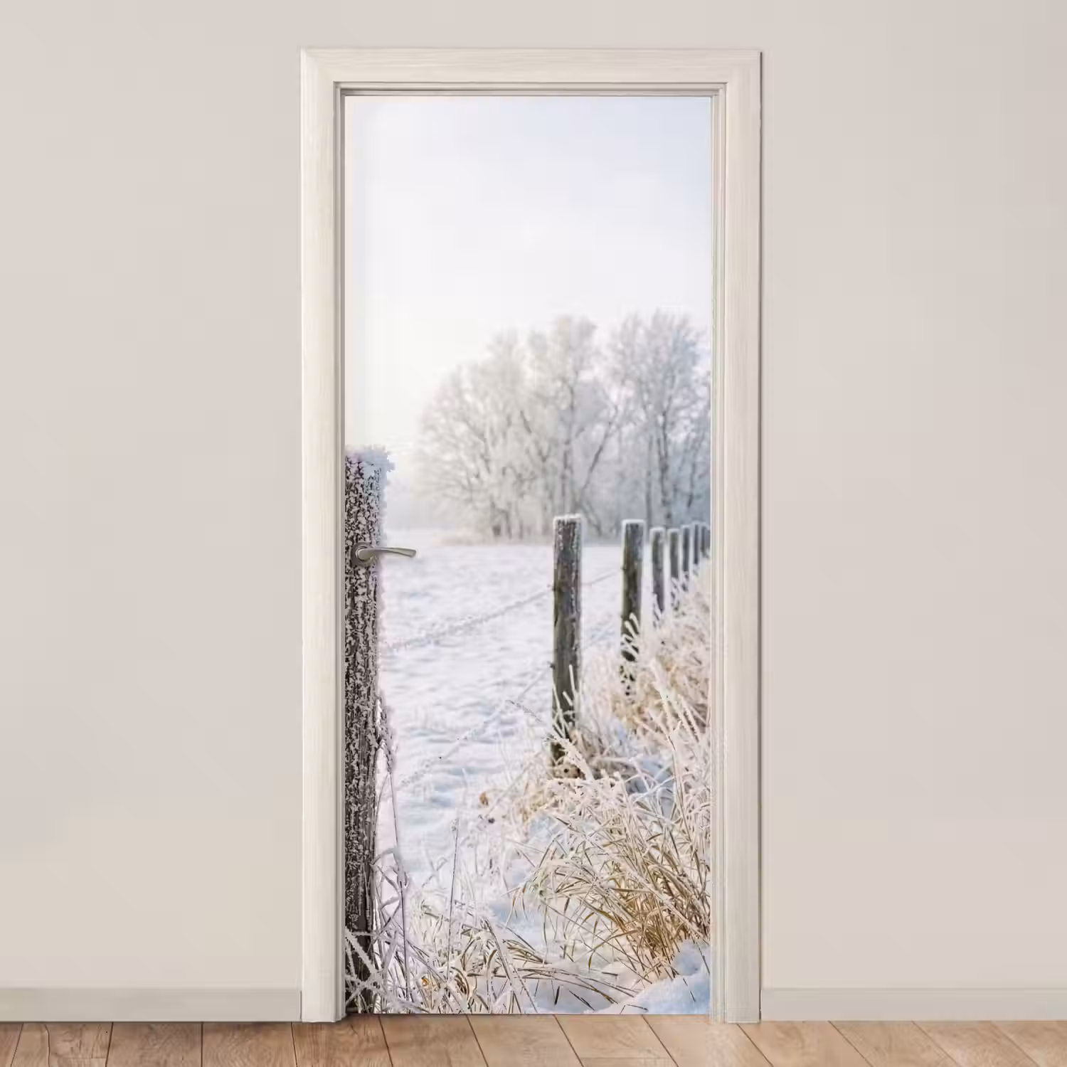 Hek - Sneeuw - Mist - Platteland - Nostalgisch deurposter klein -3d_beige