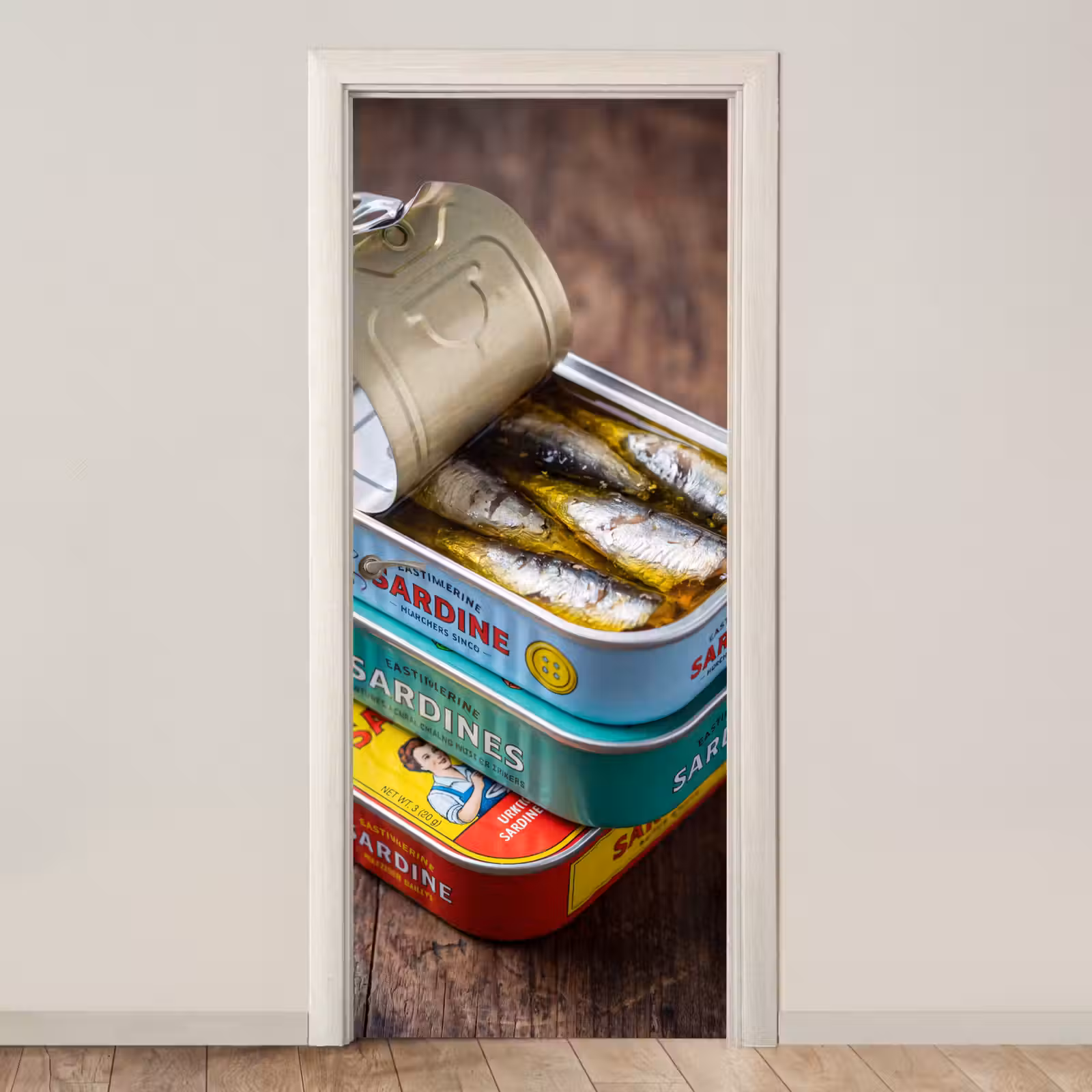 Door sticker - Fish - Cans - Kitchen - Vis - Blikjes - Keuken deurposter klein