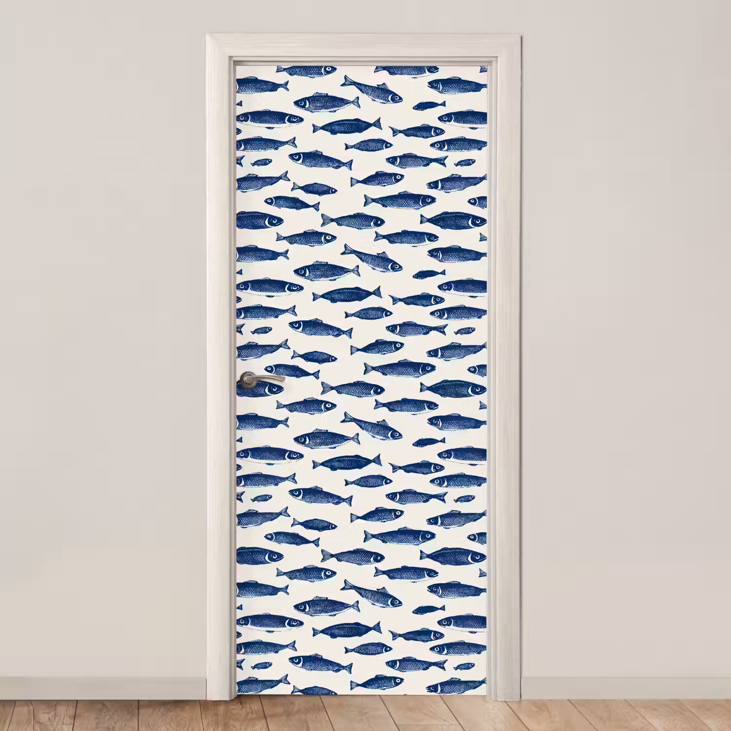 Vissen - Patroon - Blauw - Wit deurposter klein 289 -3d_beige