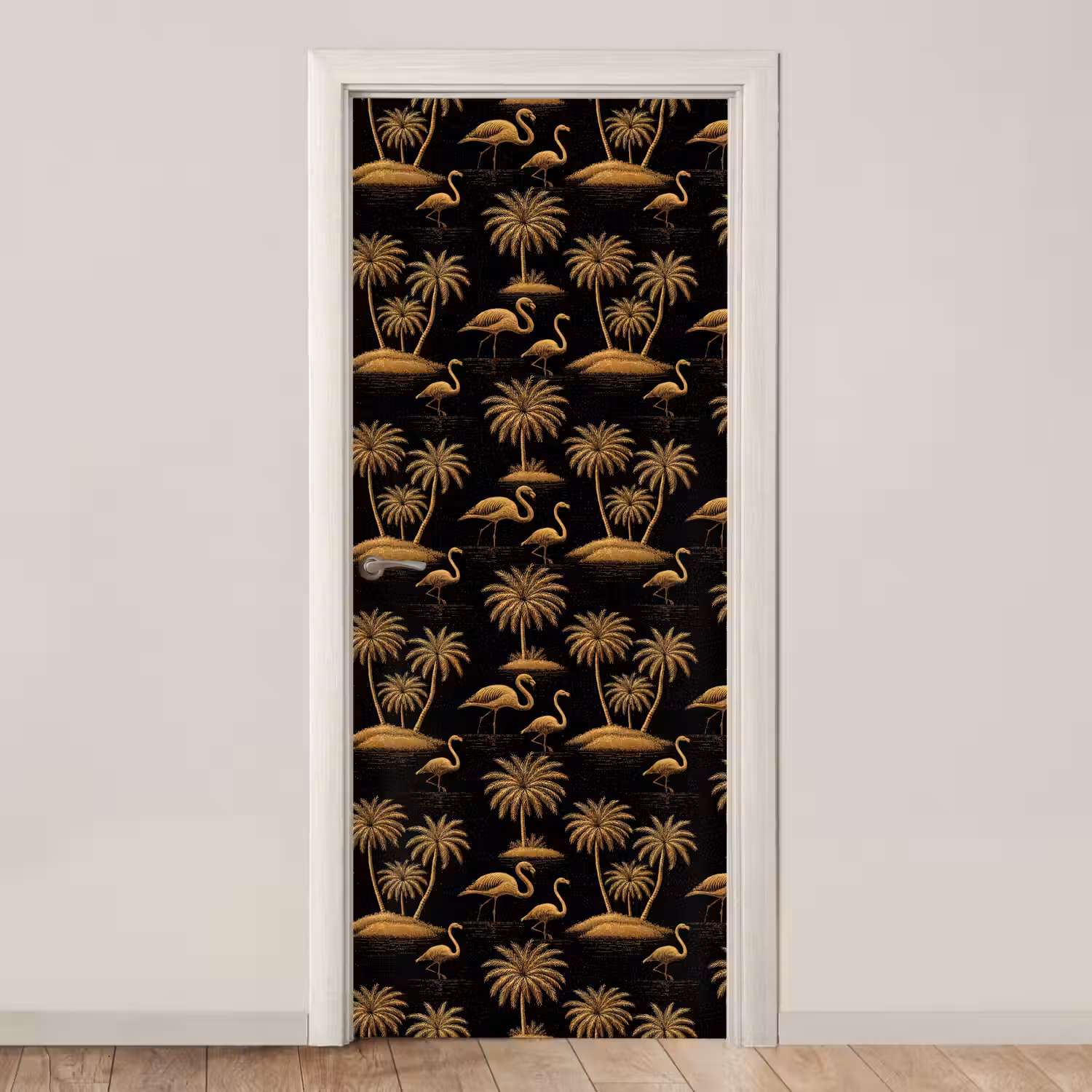 Flamingo - Palmbomen - Tropisch - Goud - Zwart deurposter klein 289 -3d_beige