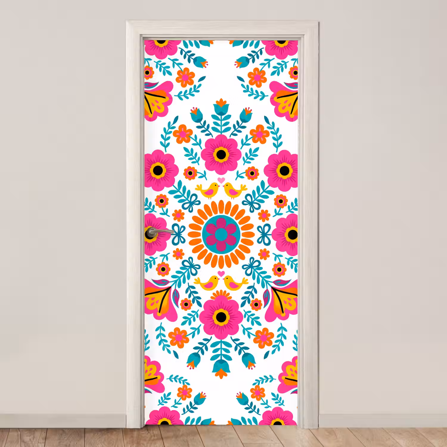 Bloemen - Vogel - Patroon - Kleurrijk - Modern deurposter klein -3d_beige