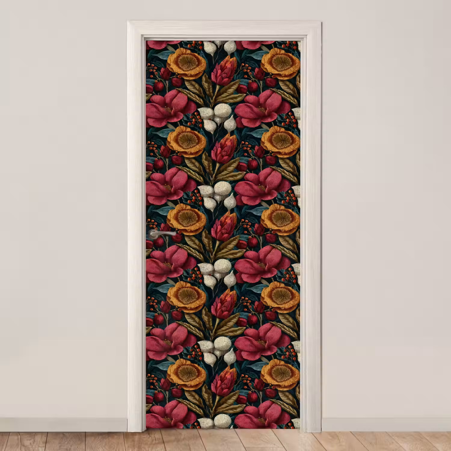 Bloemen - Patroon - Rood - Goud deurposter klein 289 -3d_beige