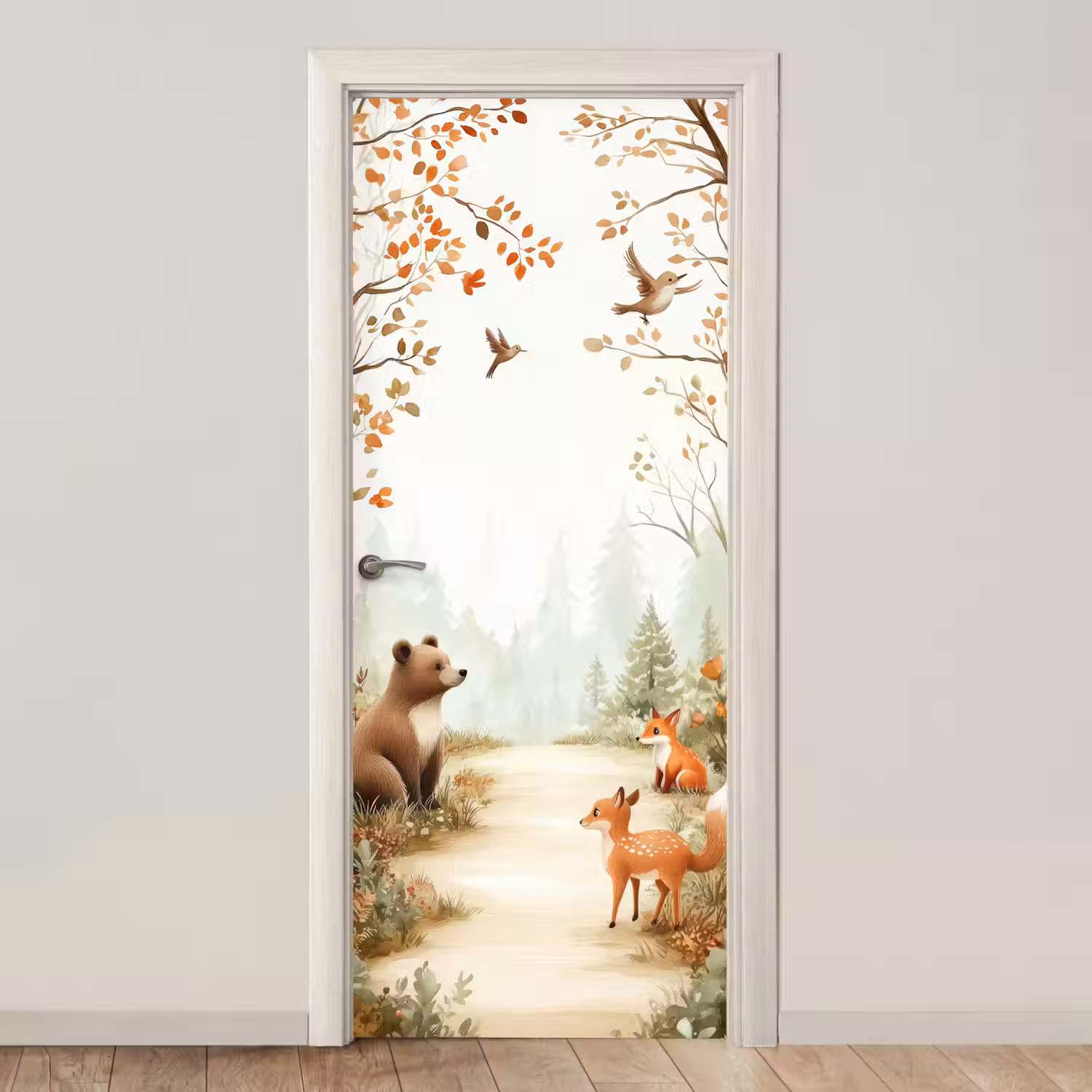 Bos - Herfst - Bosdieren - Beer - Vos deurposter klein -3d_beige