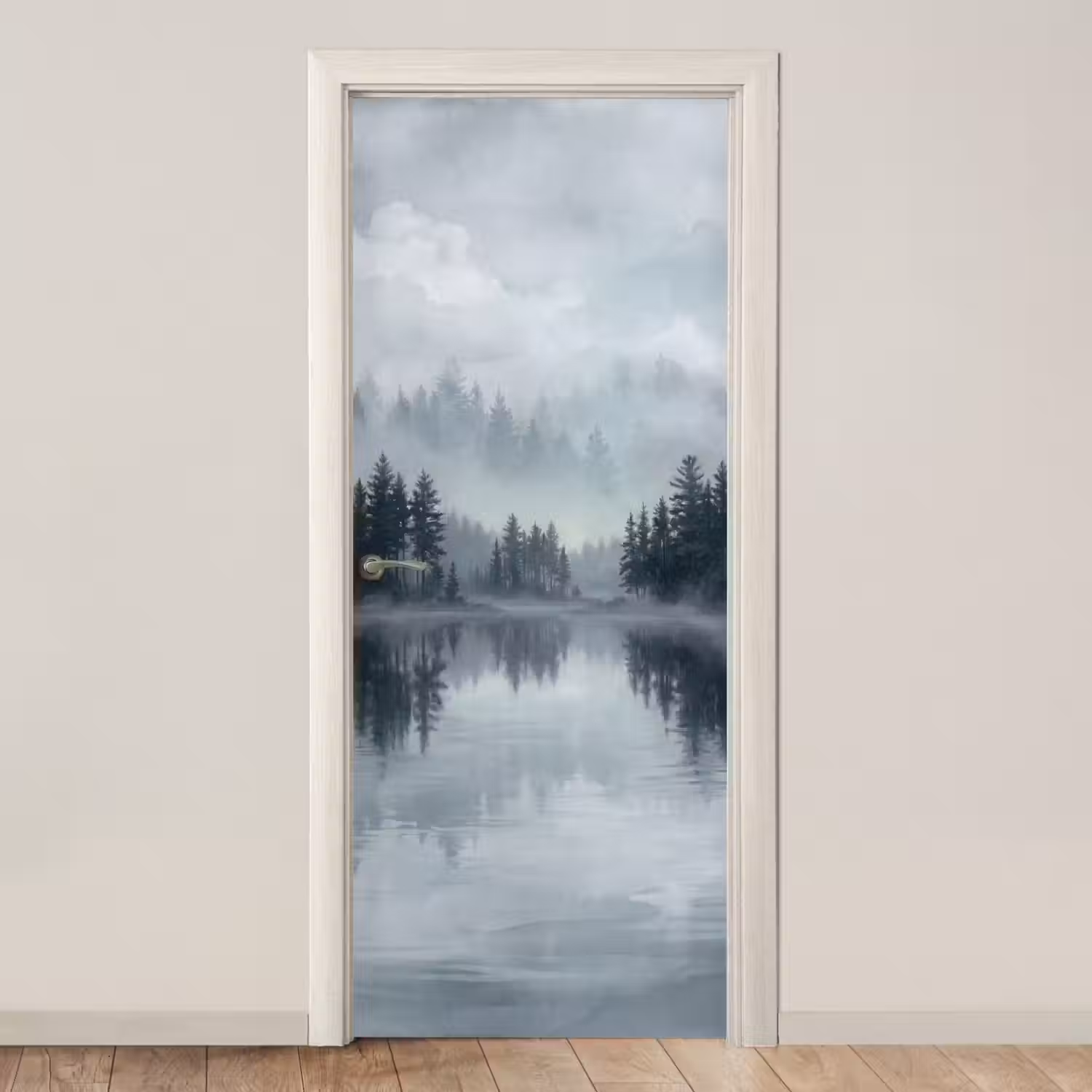 Bos - Meer - Mist - Natuur - Grijs deurposter klein -3d_beige