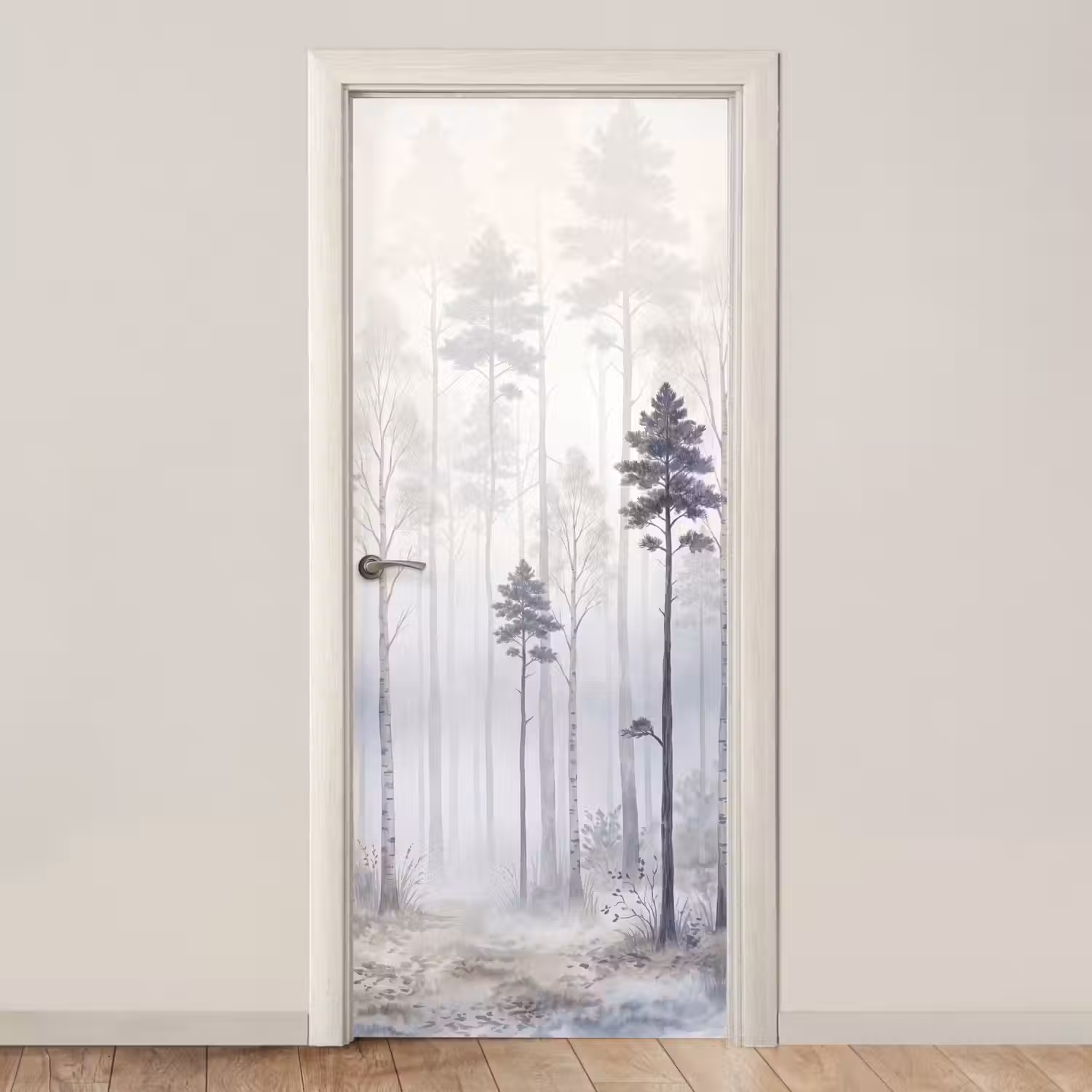 Bos - Bomen - Mist - Natuur - Illustratie - Grijs deurposter klein -3d_beige