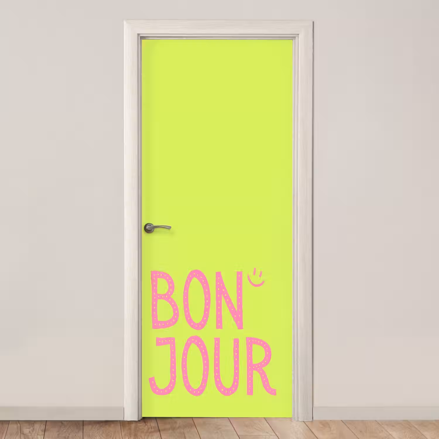 Groen - Smiley - Bonjour - Roze deurposter klein -3d_beige