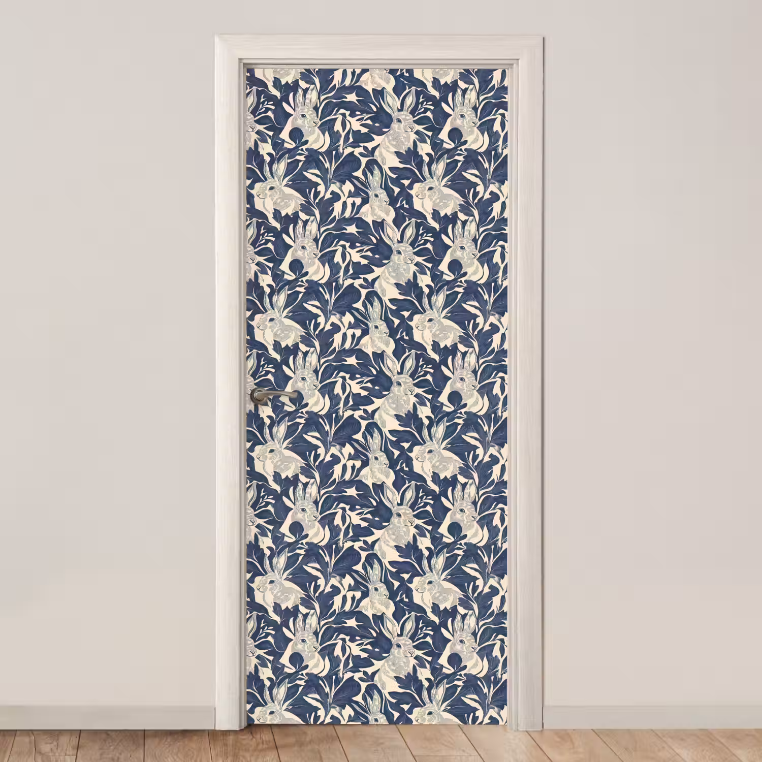 Hazen - Bladeren - Patroon - Blauw - Beige deurposter klein 289 -3d_beige