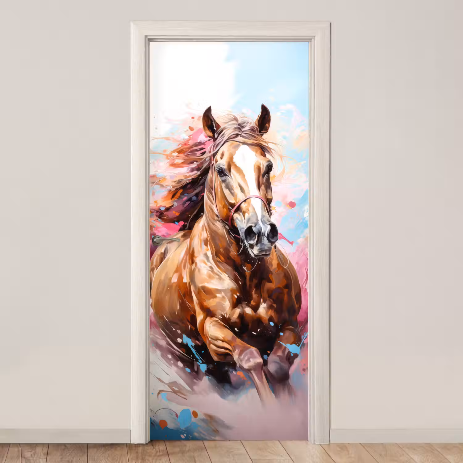 Paard - Meisjes - Blauw - Roze deurposter klein -3d_beige
